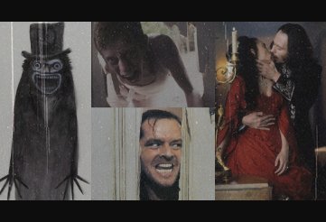 the babadook monster, the entity from it follows, bram stoker's count dracula kissing mina murray and jack torrance breaking through the bathroom door in the shining