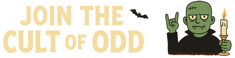 Cartoon of a Frankenstein monster holding a candle in hand and making a rock'n'roll hand gesture.