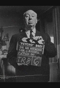 Alfred Hitchcock on the set of Psycho