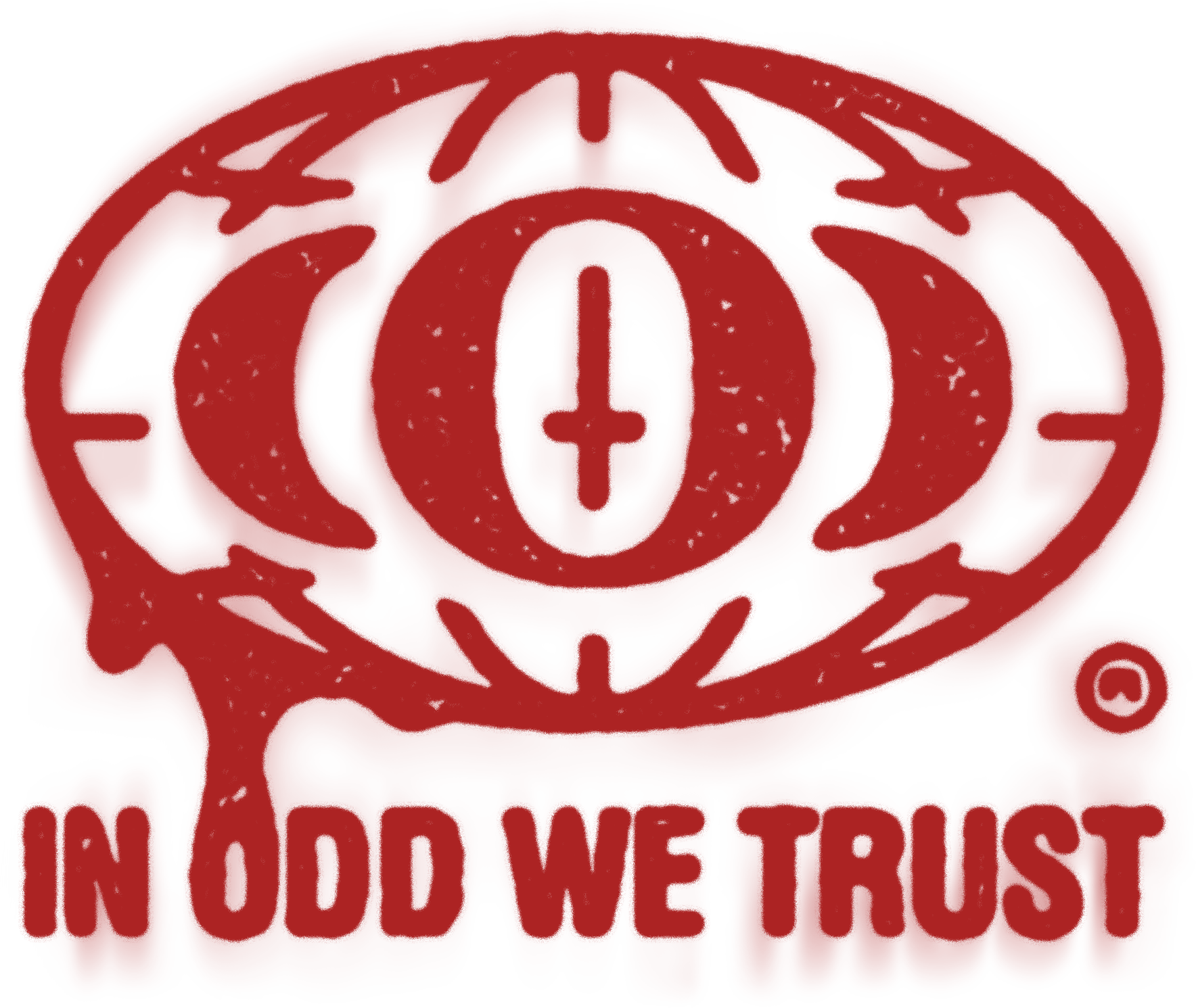 Solid red stamp of In Odd We Trust world globe with ODD, upside down cross and lines.