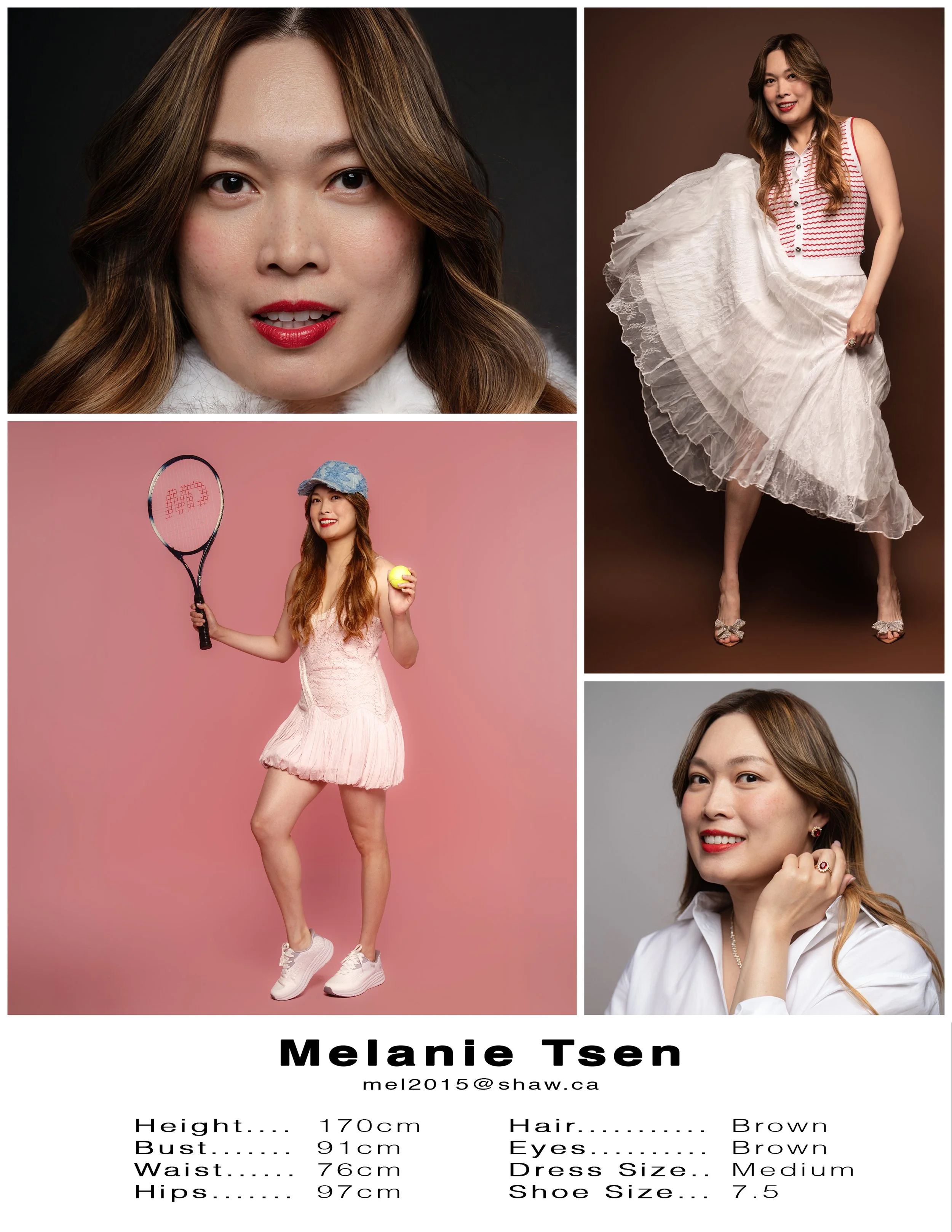 Composite image of a woman named Melanie Tsen with three individual photos. The largest photo shows her standing against a pink background, wearing a pink dress, white sneakers, and holding a tennis racket and a tennis ball. There are two smaller portraits; one close-up of her face with brown hair and red lipstick on a black background, and another of her smiling with brown hair styled in waves, wearing a white blouse with earrings against a gray background. The bottom part of the composite includes her name, email, and measurements.