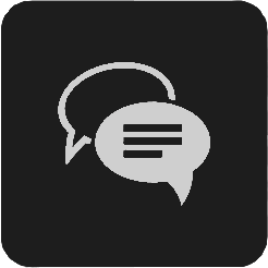 Icon with two overlapping speech bubbles, one with lines representing text, on a black background.