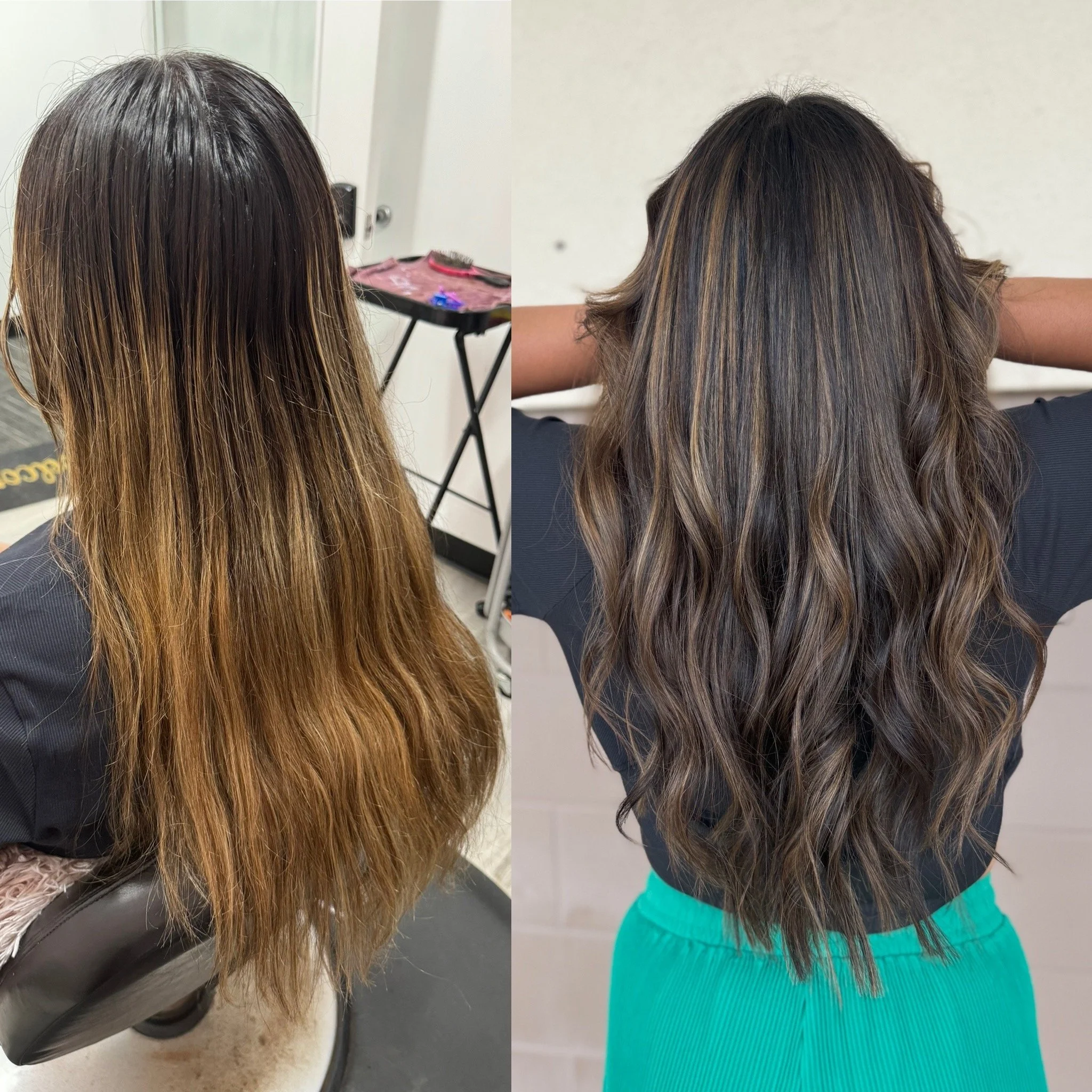 before and after of a blonde transitioning into a dimensional brunette