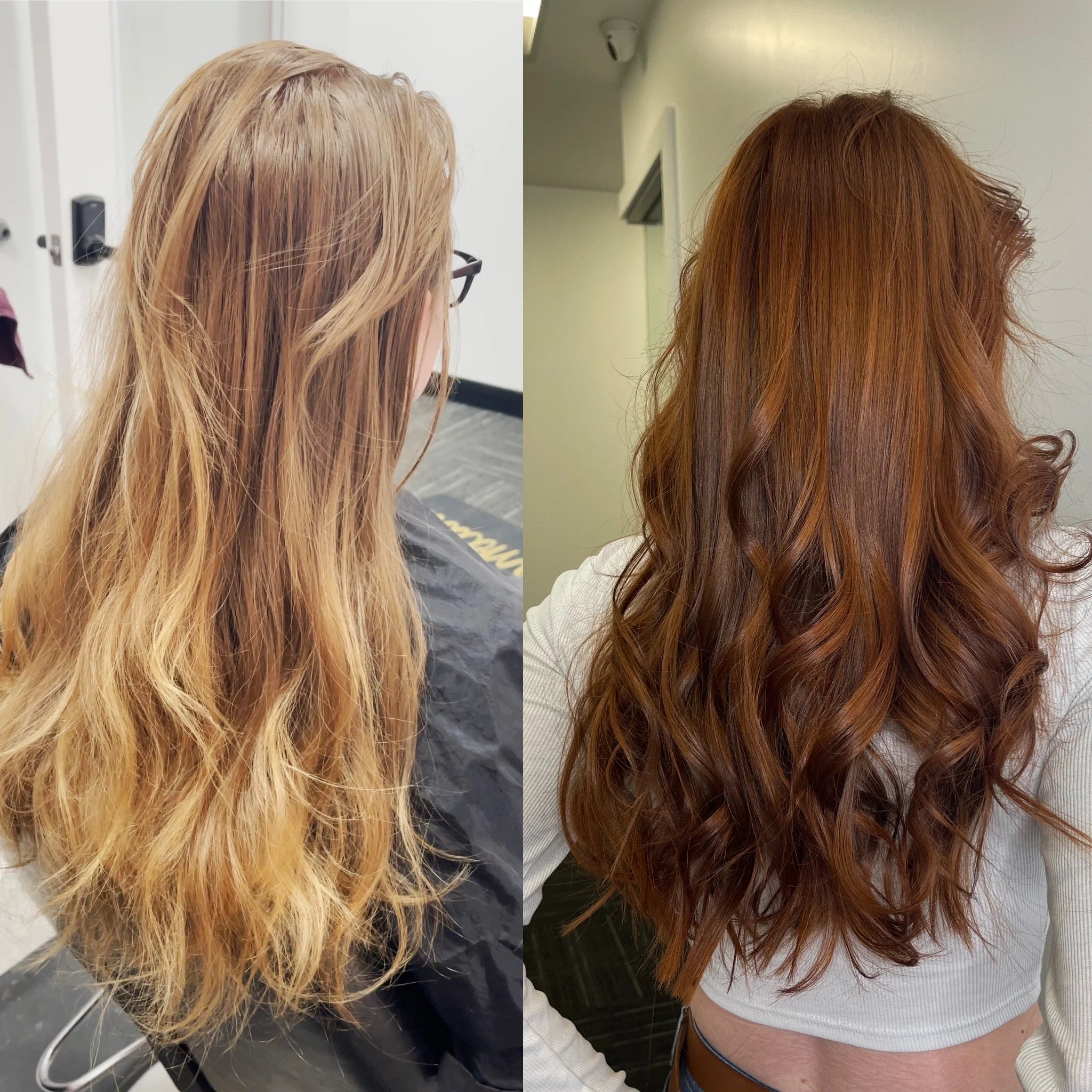 before and after blonde hair transitioning to a all over copper