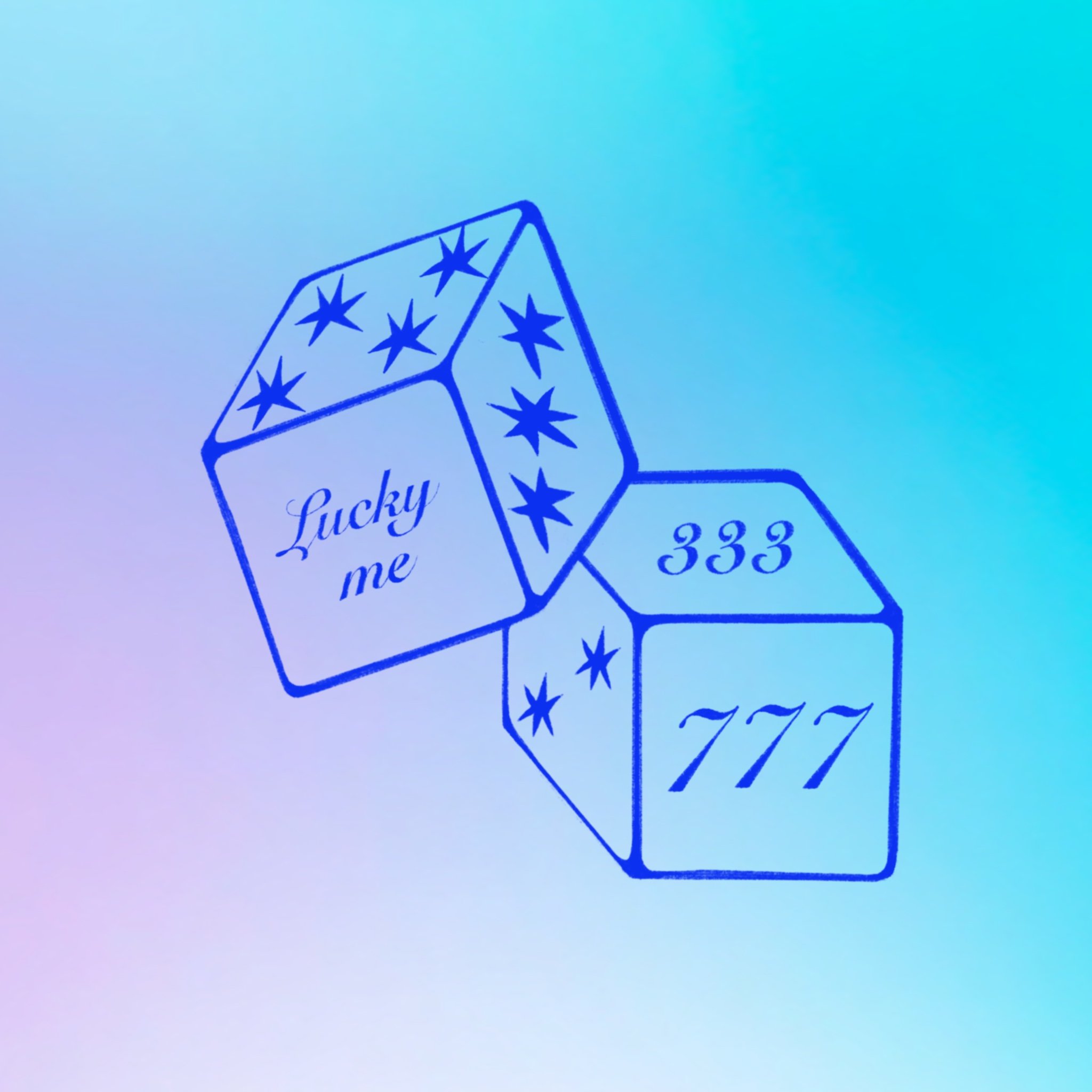 Three blue outlined dice with star symbols, 'Lucky me' written on one die, and the numbers 333 and 777 on the others, set against a gradient background.