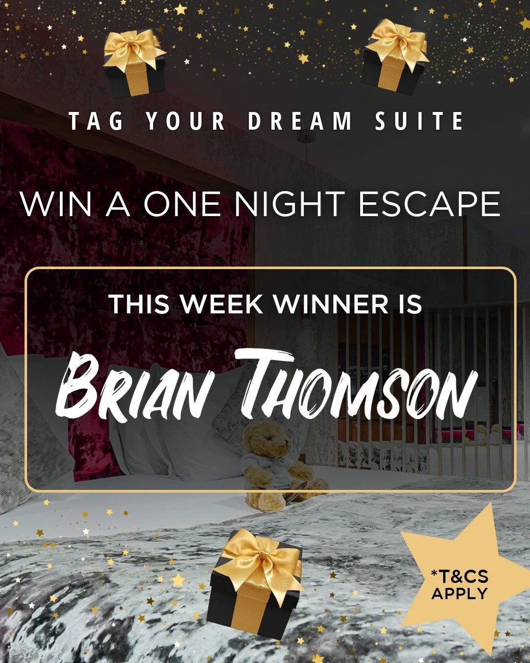 We are giving away another bespoke escape, and the results for Week 2 are in!

🥂A huge congratulations to our second winner, Brian Thomson.
You have won a one-night stay for two in your absolute favourite designer suite. We can&rsquo;t wait to welco