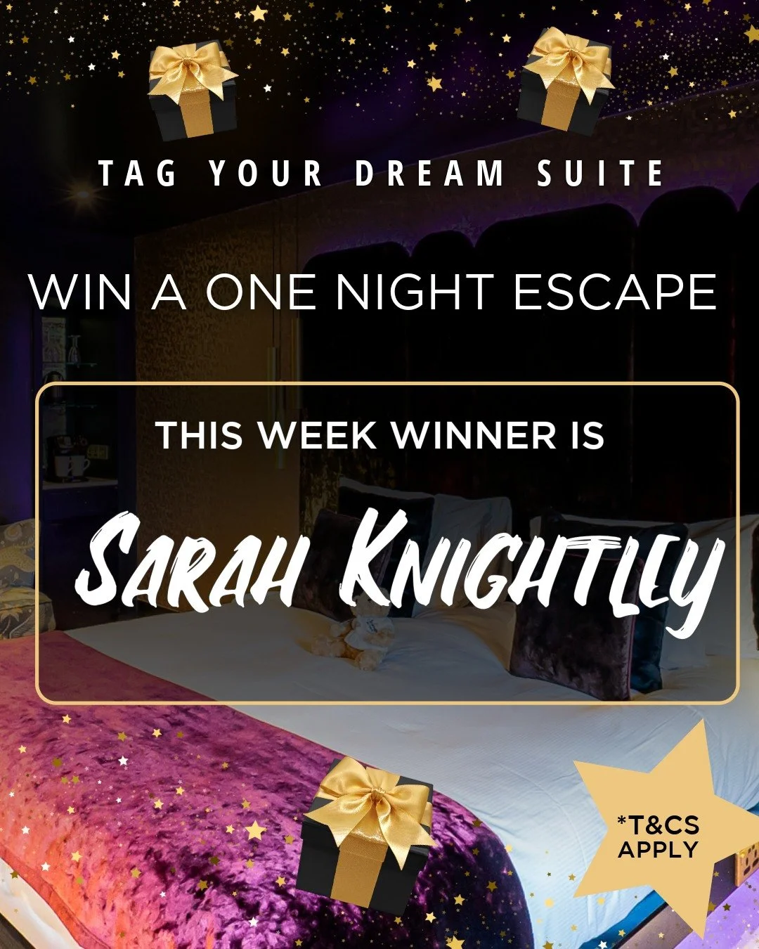 We are giving away our third weekly reset, and the results are in!

🥂A huge congratulations to our penultimate winner, Sarah Knightley.

You have won an intimate one-night escape for two in your absolute favourite designer boutique suite. We can&rsq