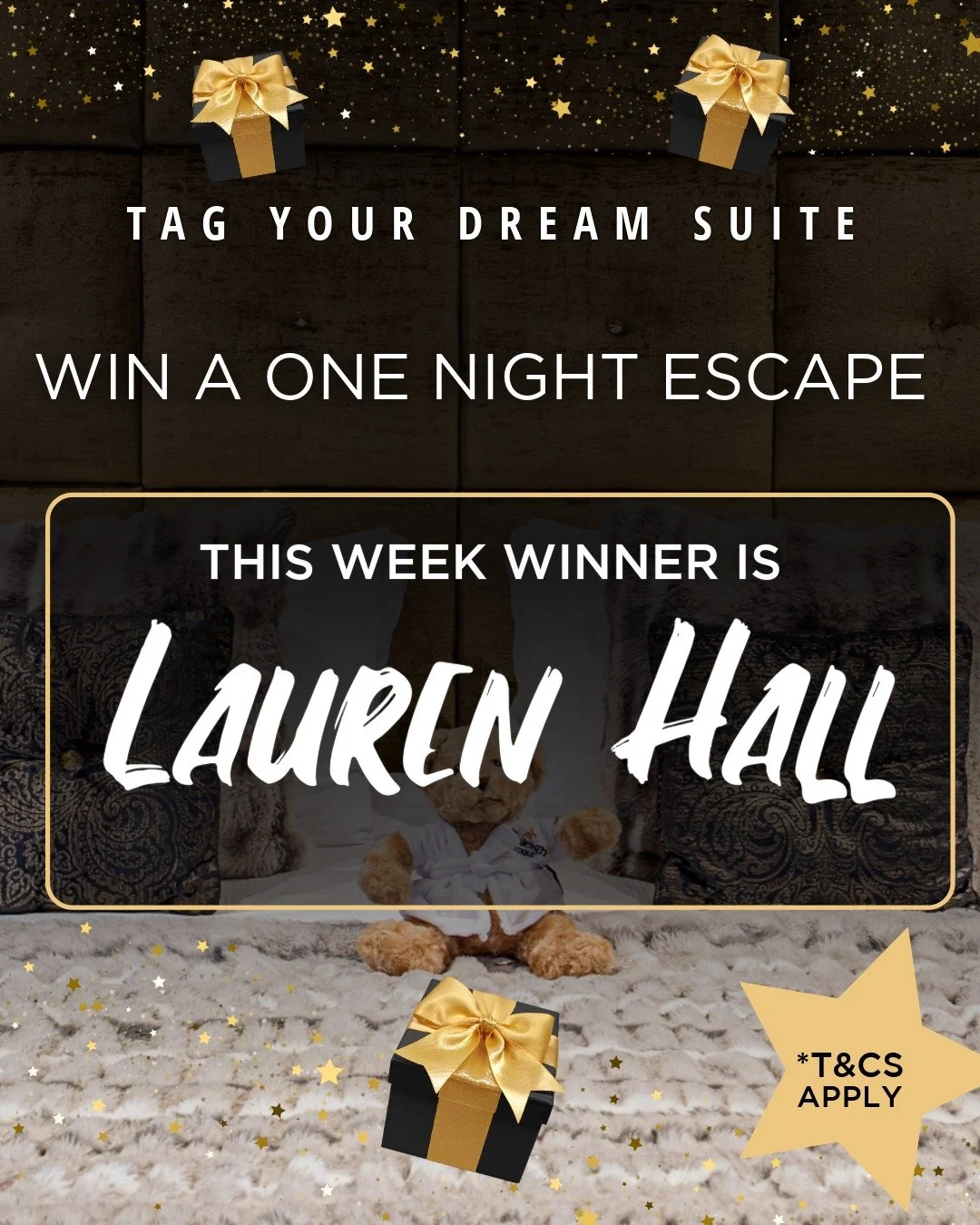 We are giving away our final golden ticket, and the results for Week 4 are officially in! 🥂

A massive congratulations to our fourth and final winner, Lauren Hall. You have won a one-night escape for two in your absolute favourite designer boutique 