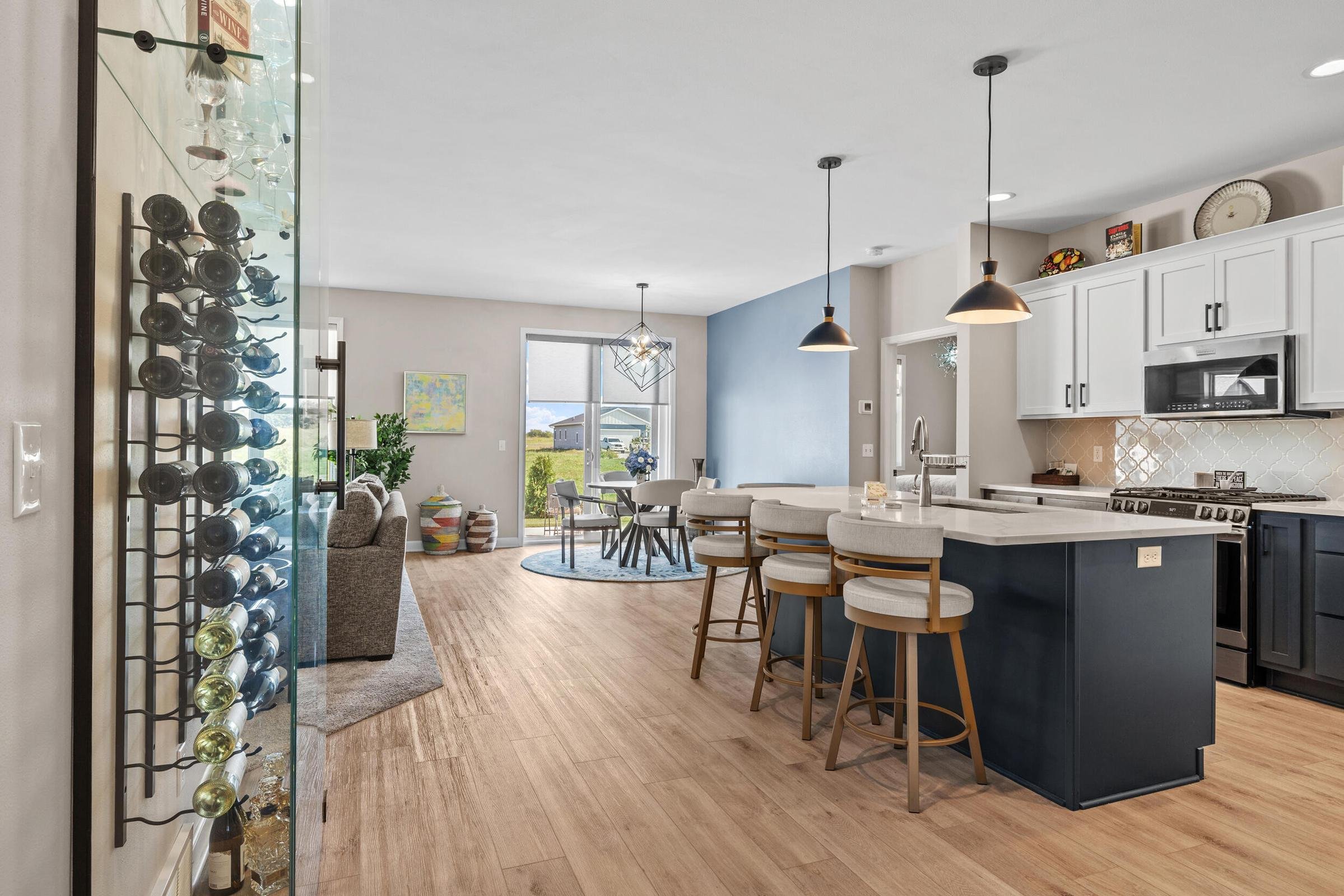 kitchen with wine bottle wall