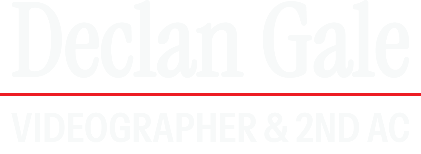 Declan Gale logo for Auckland videographer and 2nd AC services separated by a red line