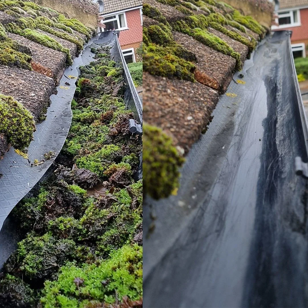 Before and after gutter cleaning showing blocked gutters full of moss and debris cleared to clean empty gutter — Sphere Cleaning Services