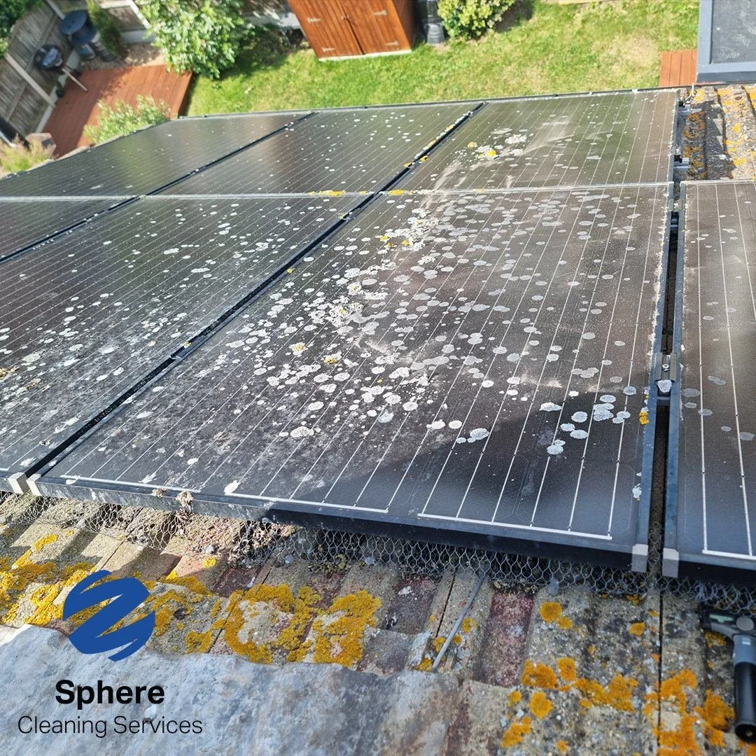 Bird dropping contamination on dirty solar panels reducing energy output — Sphere Cleaning Services