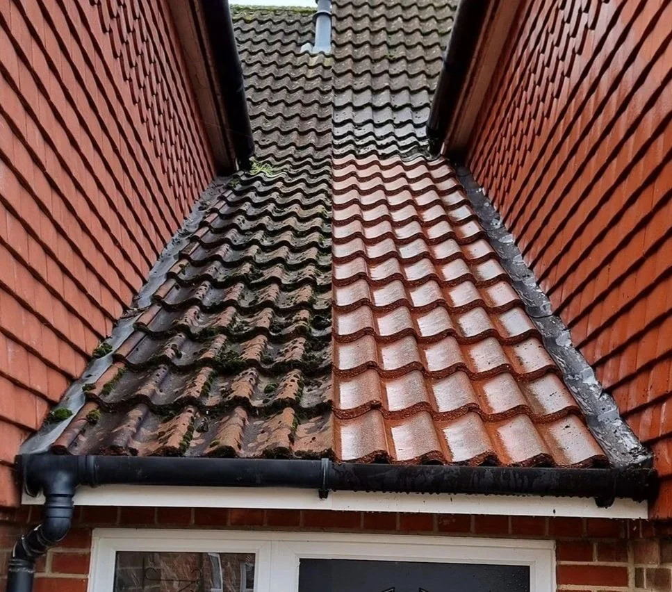 Before and after roof tile jet washing cleaning showing moss removal results — Sphere Cleaning Services