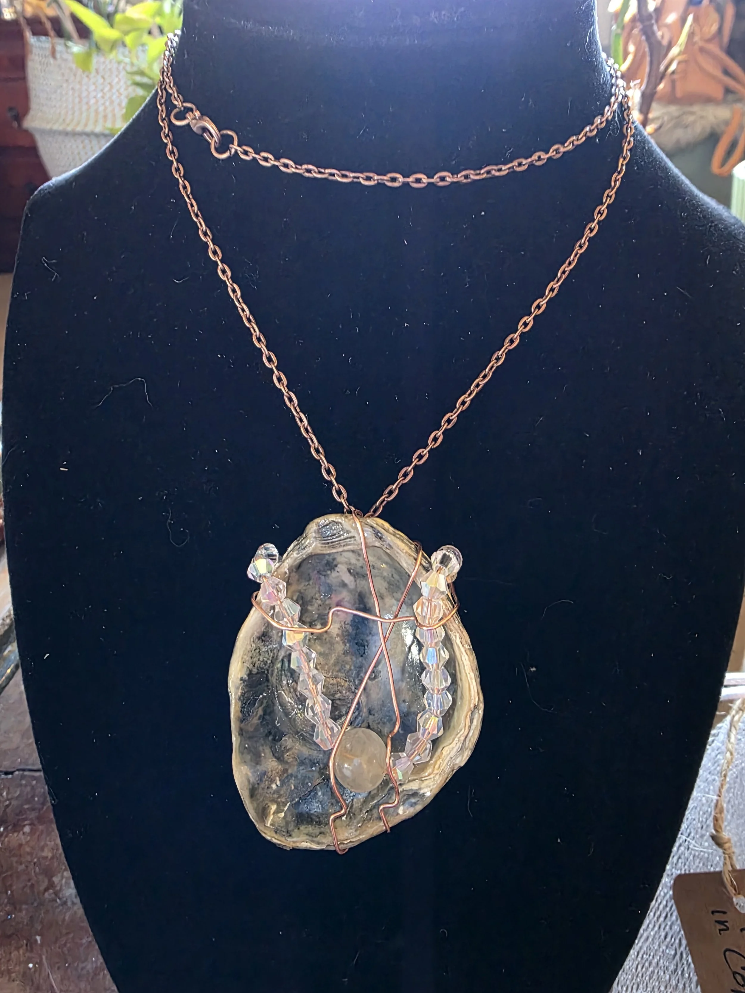 Authentic Oregon Coast Oyster Shell, Quartz Crystal beads and Austrian glass beads