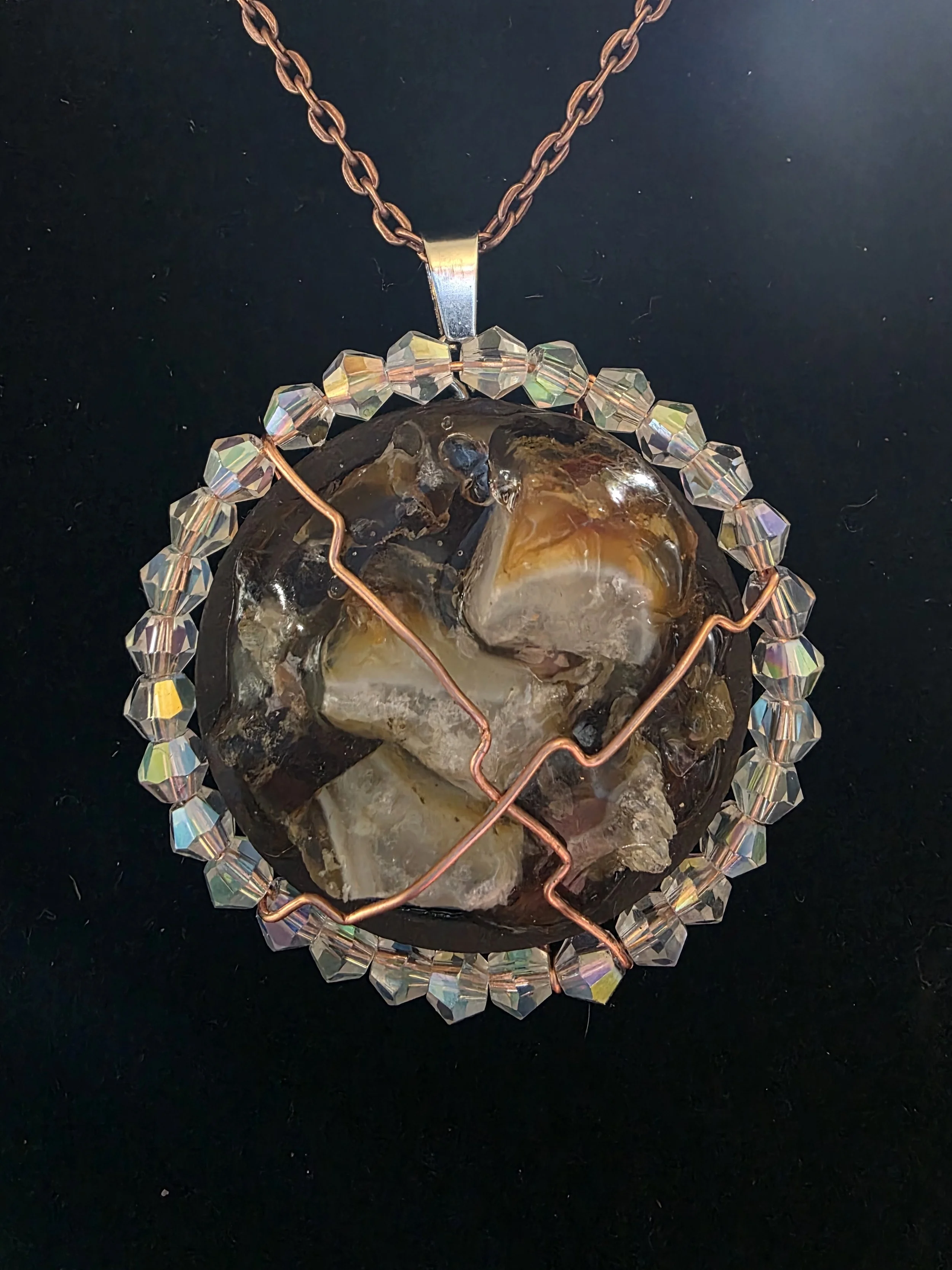 Authentic Oregon Fire Opal pieces set in Resin on wood and encircled in Austrian glass beads