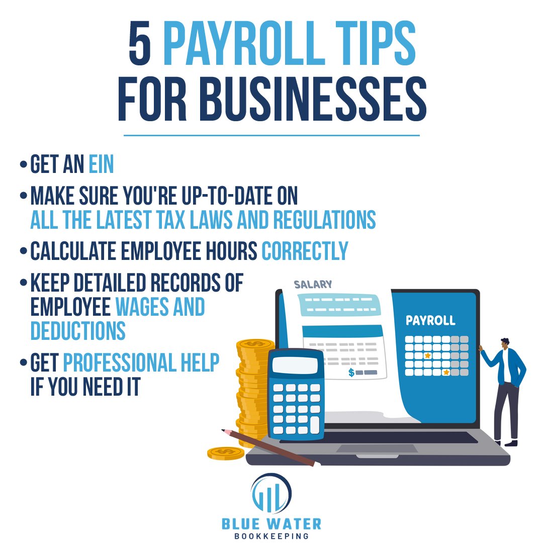 5 Payroll Tips for Businesses
-Get an EIN
-Make sure you're up-to-date on all the latest tax laws and regulations
-Calculate employee hours correctly
-Keep detailed records of employee wages and deductions
-Get professional payroll help if you n