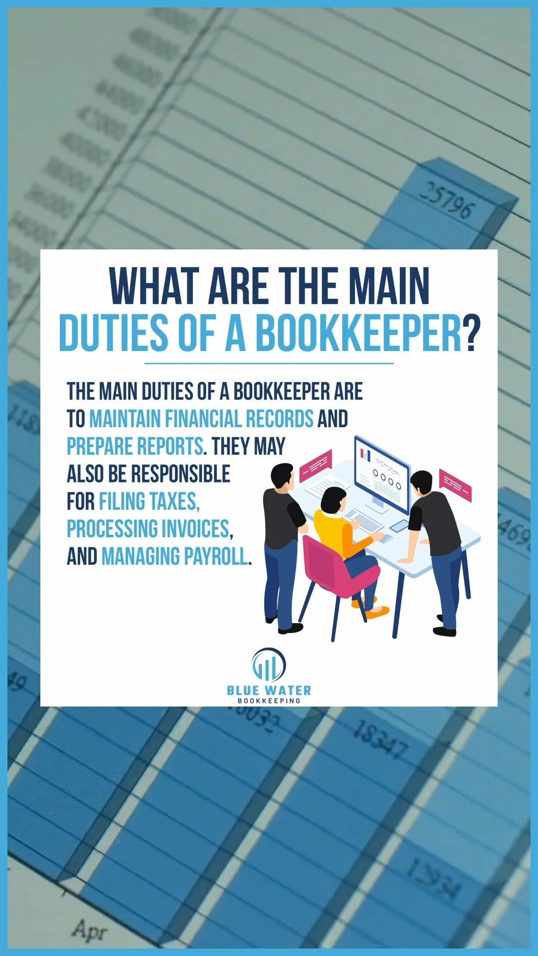 What are the main duties of a bookkeeper? The main duties of a bookkeeper are to maintain financial records and prepare reports. They may also be responsible for filing taxes, processing invoices, and managing payroll. #bookkeeping #smallbusiness