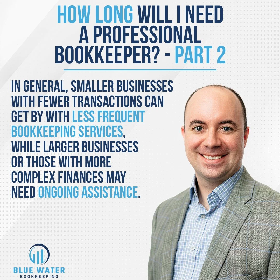 How Long Will I Need a Professional Bookkeeper (Part 2)?
In general, smaller businesses with fewer transactions can get by with less frequent bookkeeping services, while larger businesses or those with more complex finances may need ongoing assistan