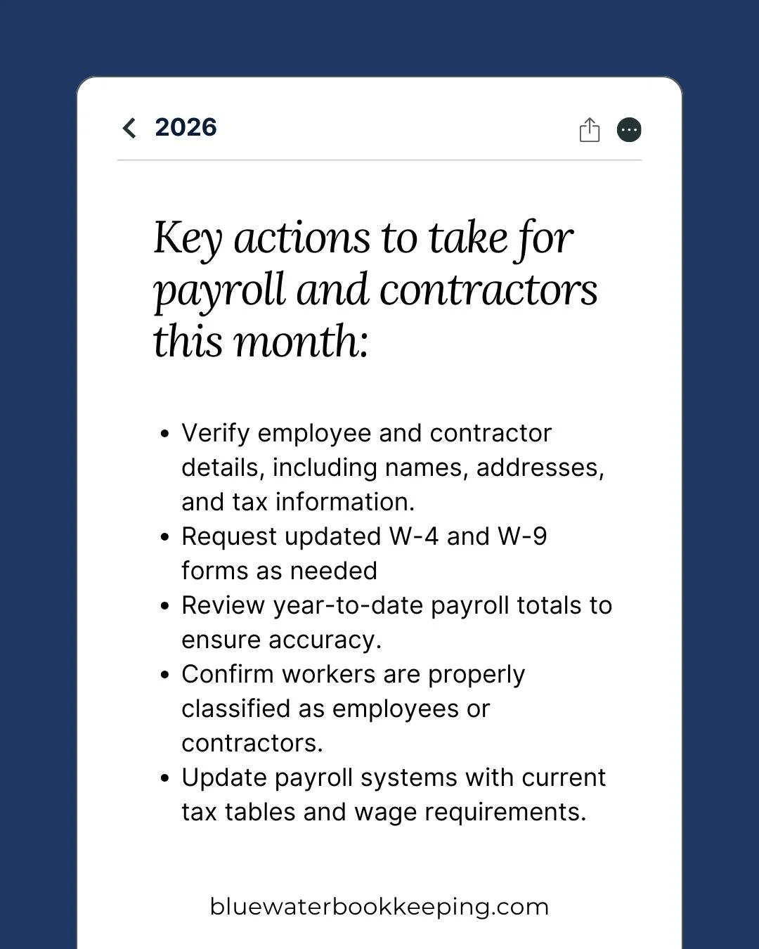 It&rsquo;s that time of year when payroll and contractor details need to be reviewed and organized for upcoming deadlines.

Here are some key actions to focus on this month. 

Follow our page for more reminders and tips to make running your business 