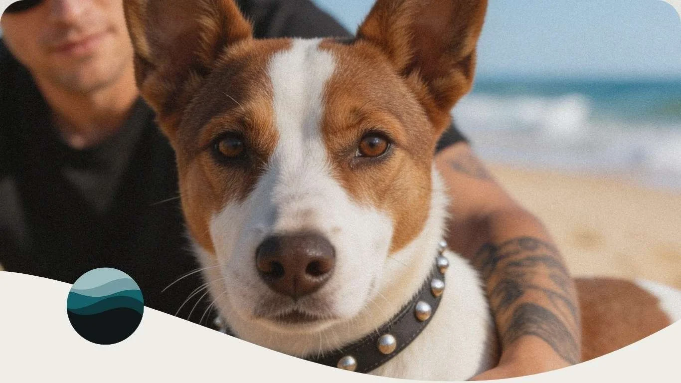 A pet dog sits with its owner on the beach — a guide to how long pet cremation takes in Mobile and Baldwin County.