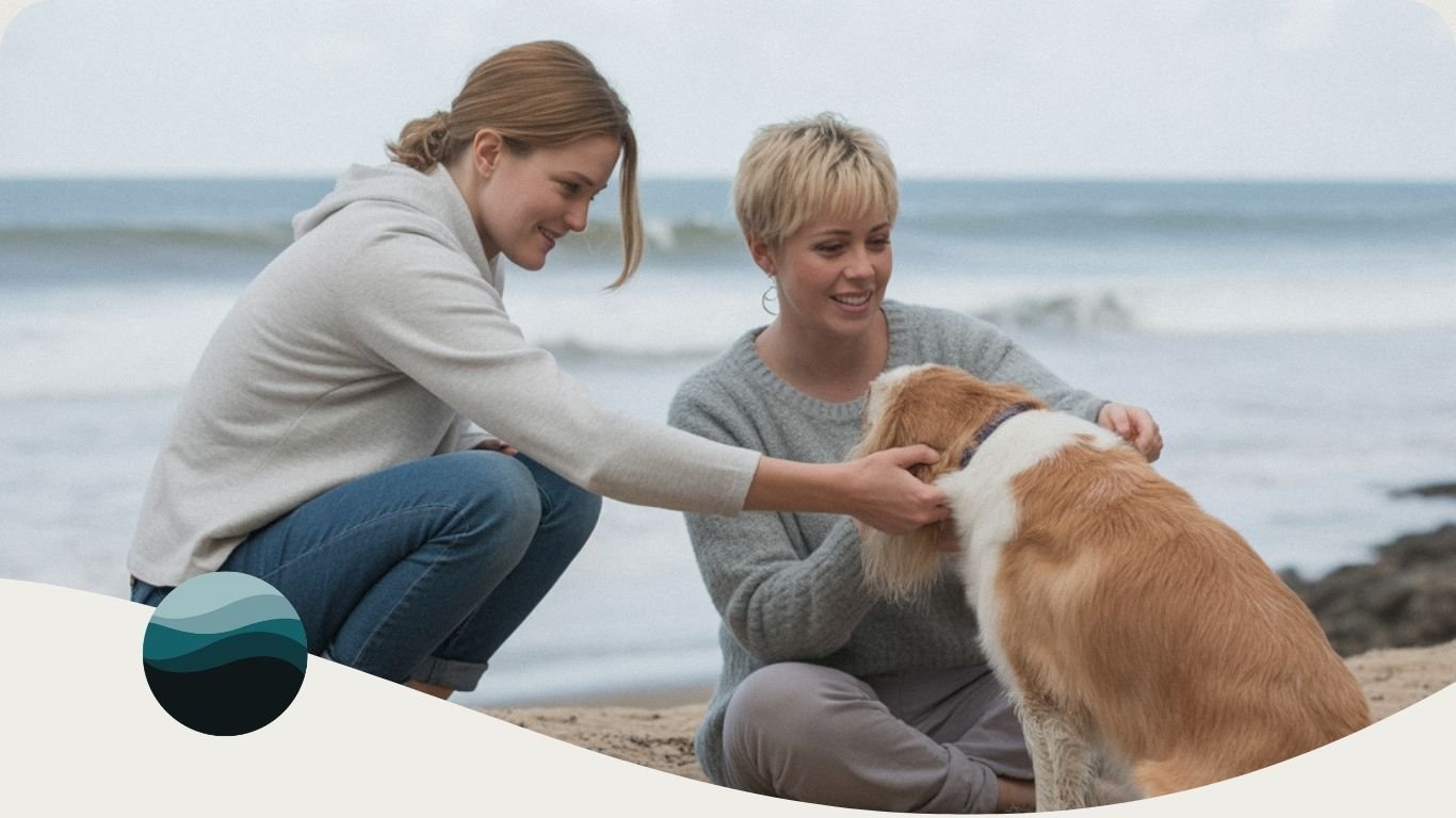 Two women spending time with their dog on a beach, kneeling in the sand near the ocean.