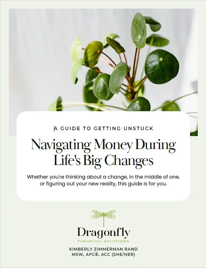 Cover page of a financial guide titled 'Navigating Money During Life's Big Changes' with a background of a green potted plant.
