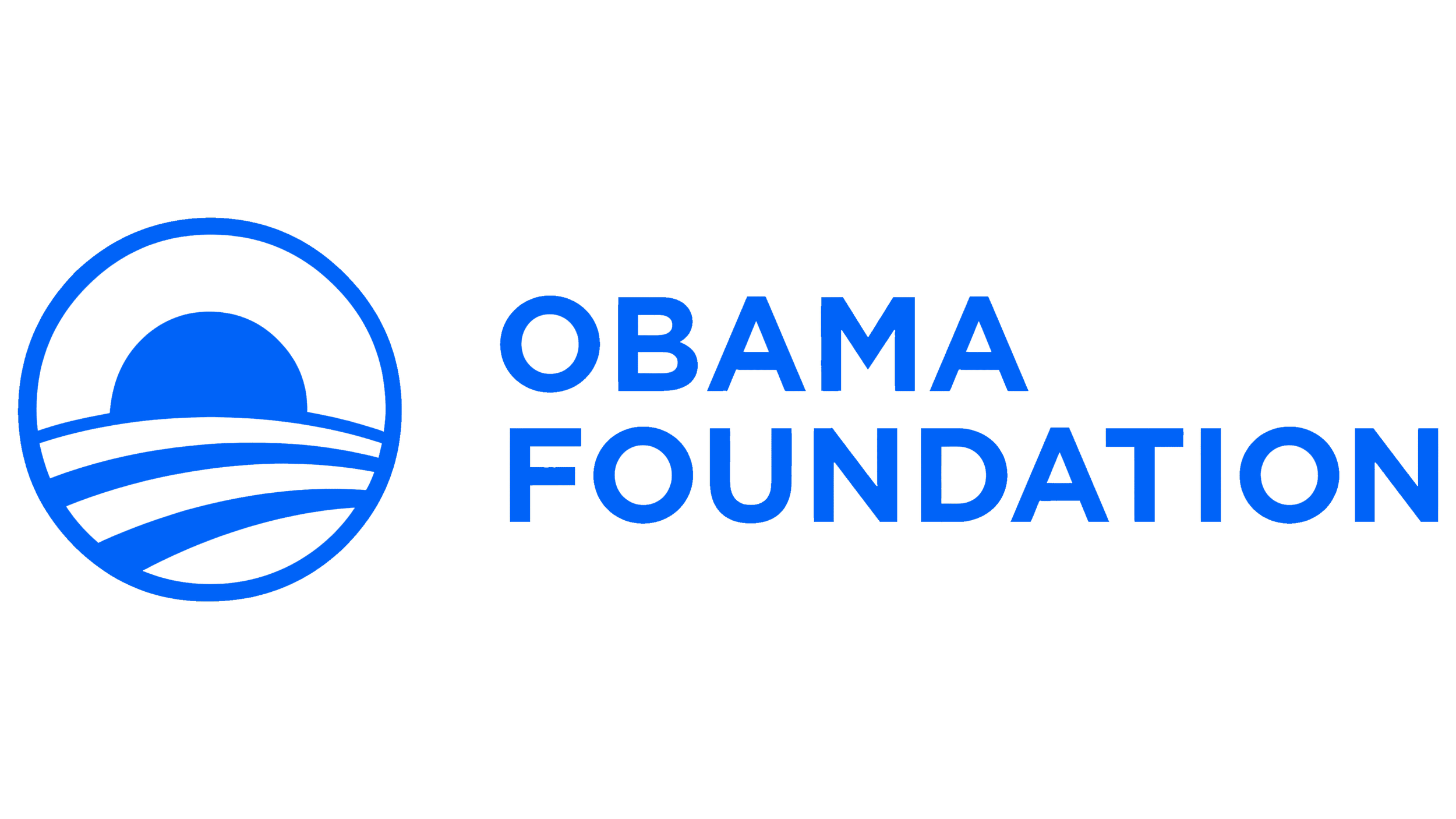 Logo of the Obama Foundation, featuring a stylized sunrise or sunset over a body of water and the text 'Obama Foundation' in blue.
