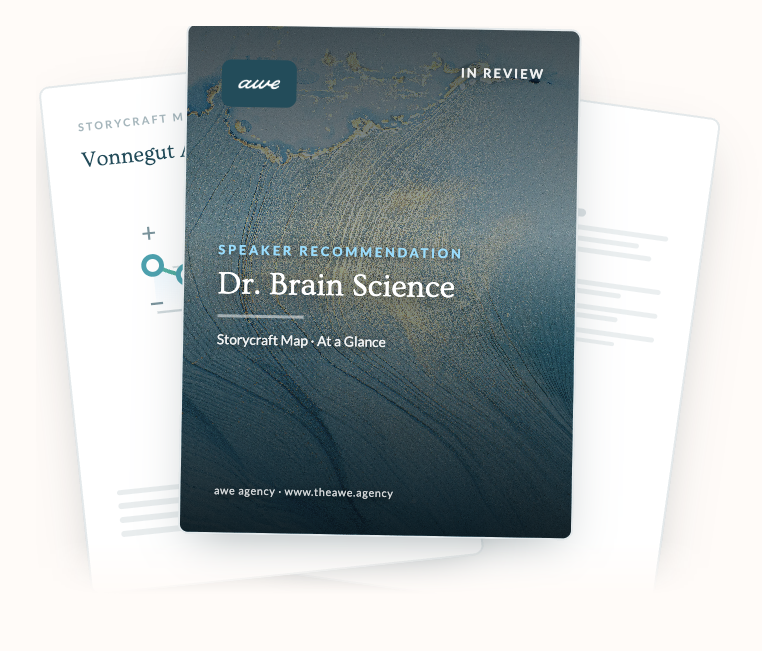 A presentation card titled 'Dr. Brain Science' from awe agency, with the subtitle 'Storycraft Map - At a Glance' and logo 'awe' at the top, on a background with a textured pattern.