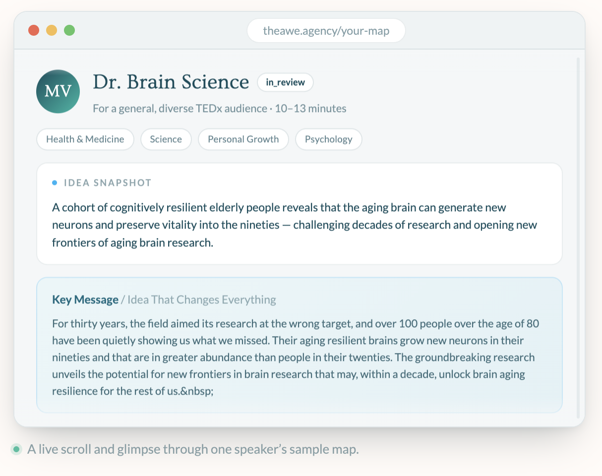 Screenshot of a webpage for Dr. Brain Science presentation, showing the speaker's name, tags, idea snapshot about aging brains generating new neurons, and key message about research on resilient elderly brains and brain aging resilience.