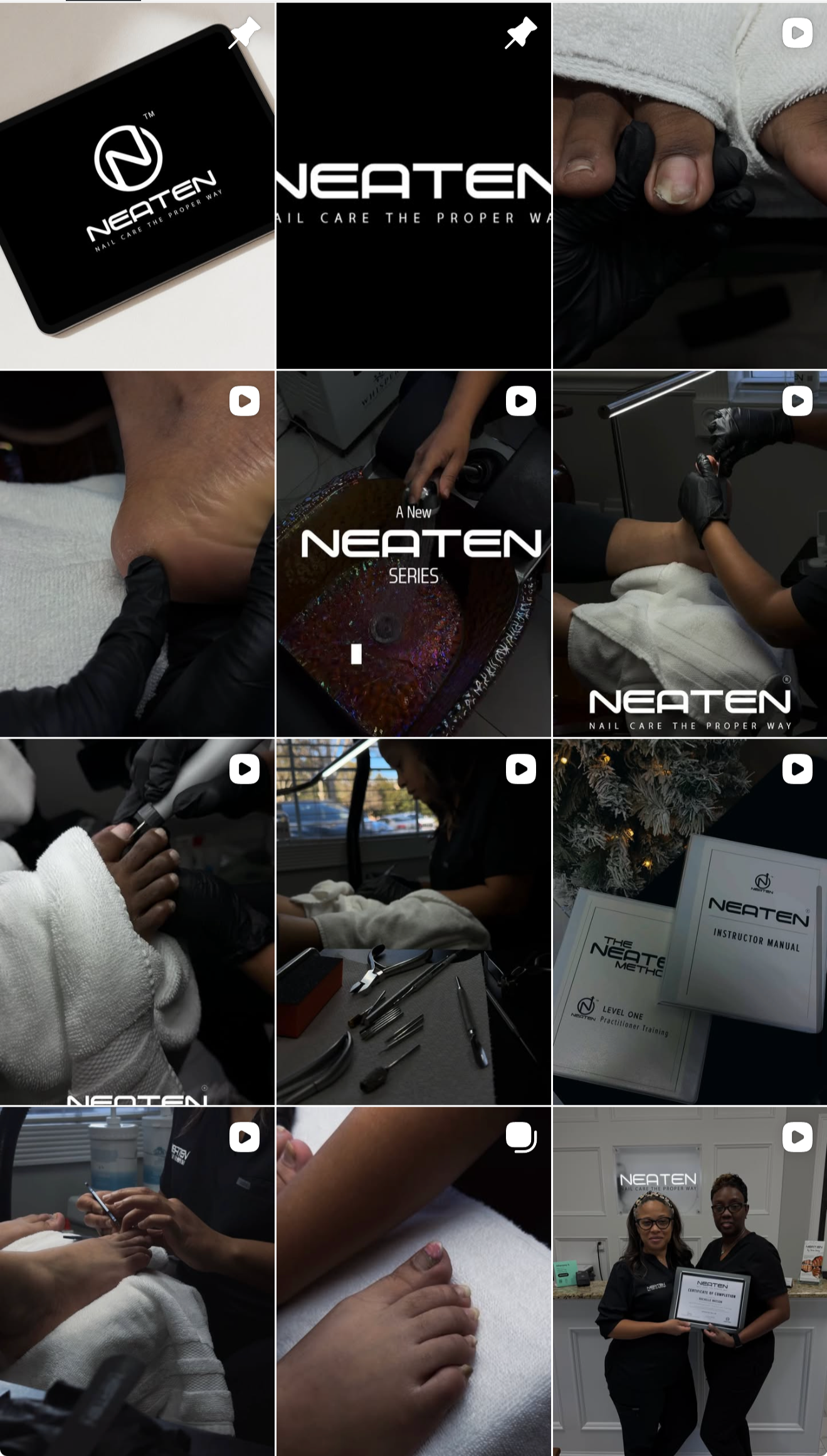 Collage of images showing different scenes of a nail care training or certification process, including logo, tools, procedures, and a certificate presentation.