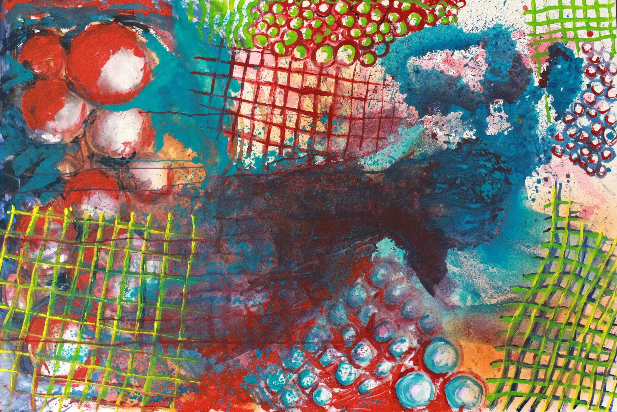 Abstract acrylic painting in teal, red and yellow-green, featuring overlapping grid patterns, circular forms and a dark central mass suggesting ecological tension and regeneration. 150×100 cm.