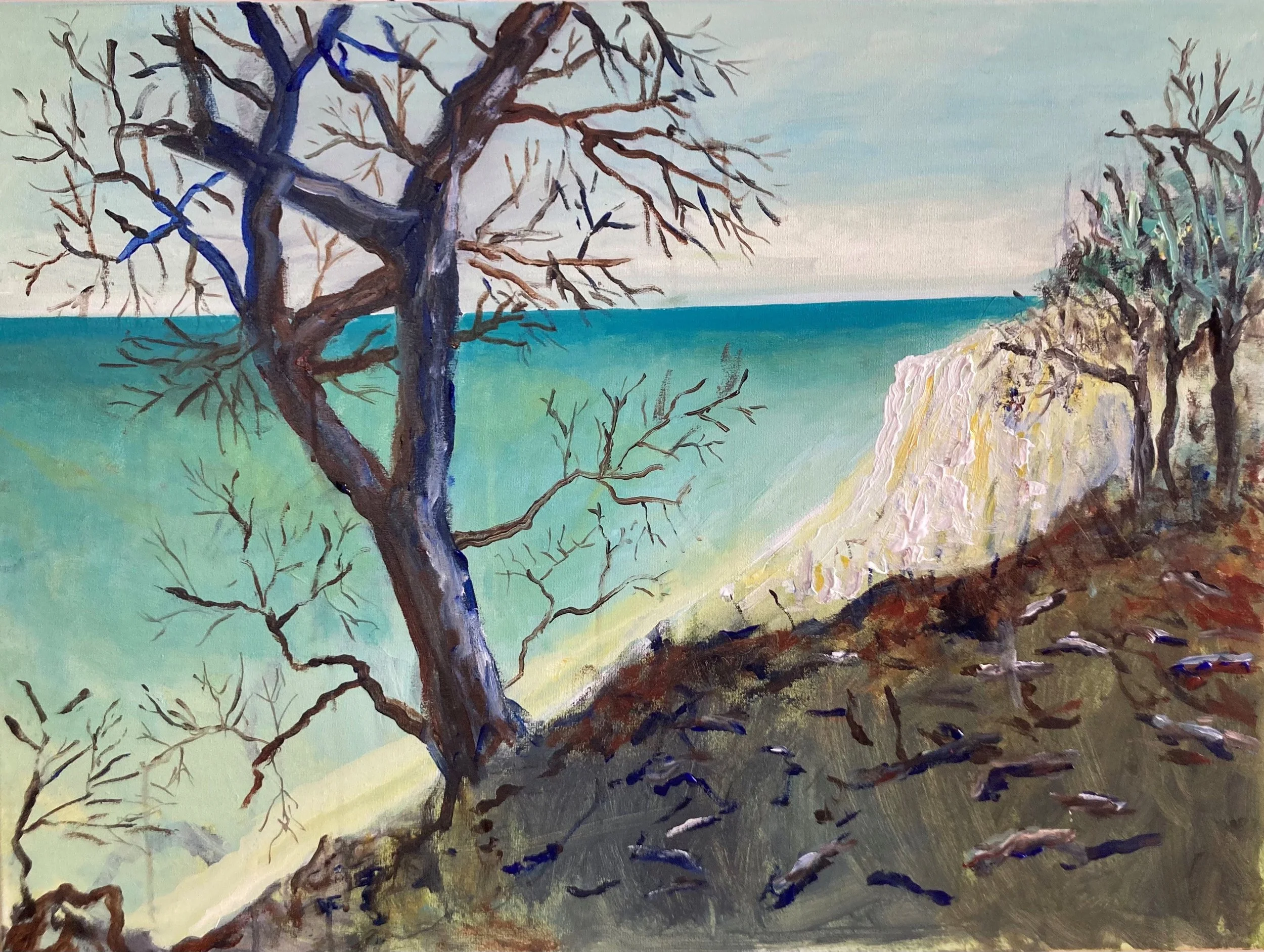 Landscape with trees and whitechalk cliffs by the sea