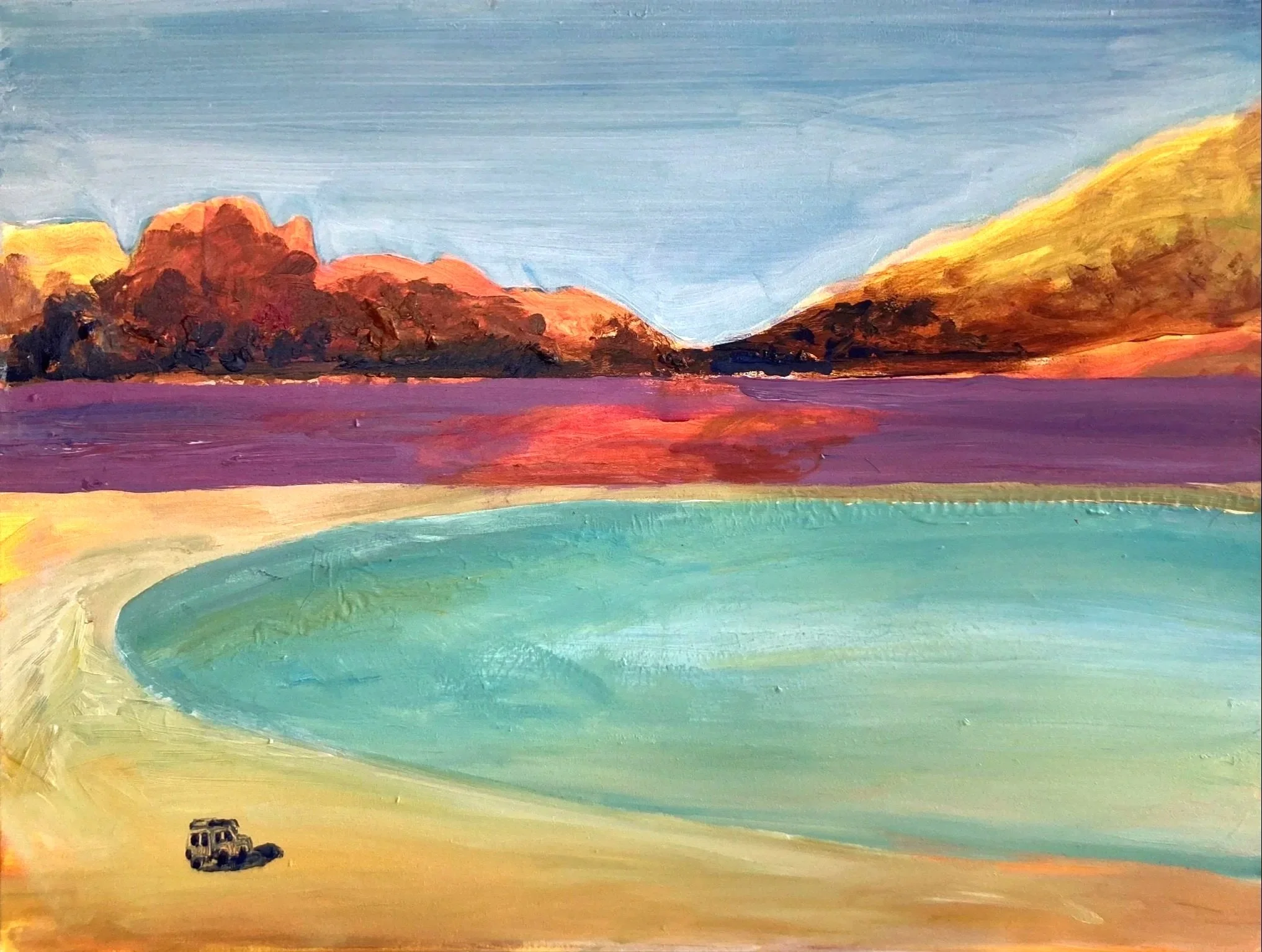 Car in big landscape with sand and water and moutains