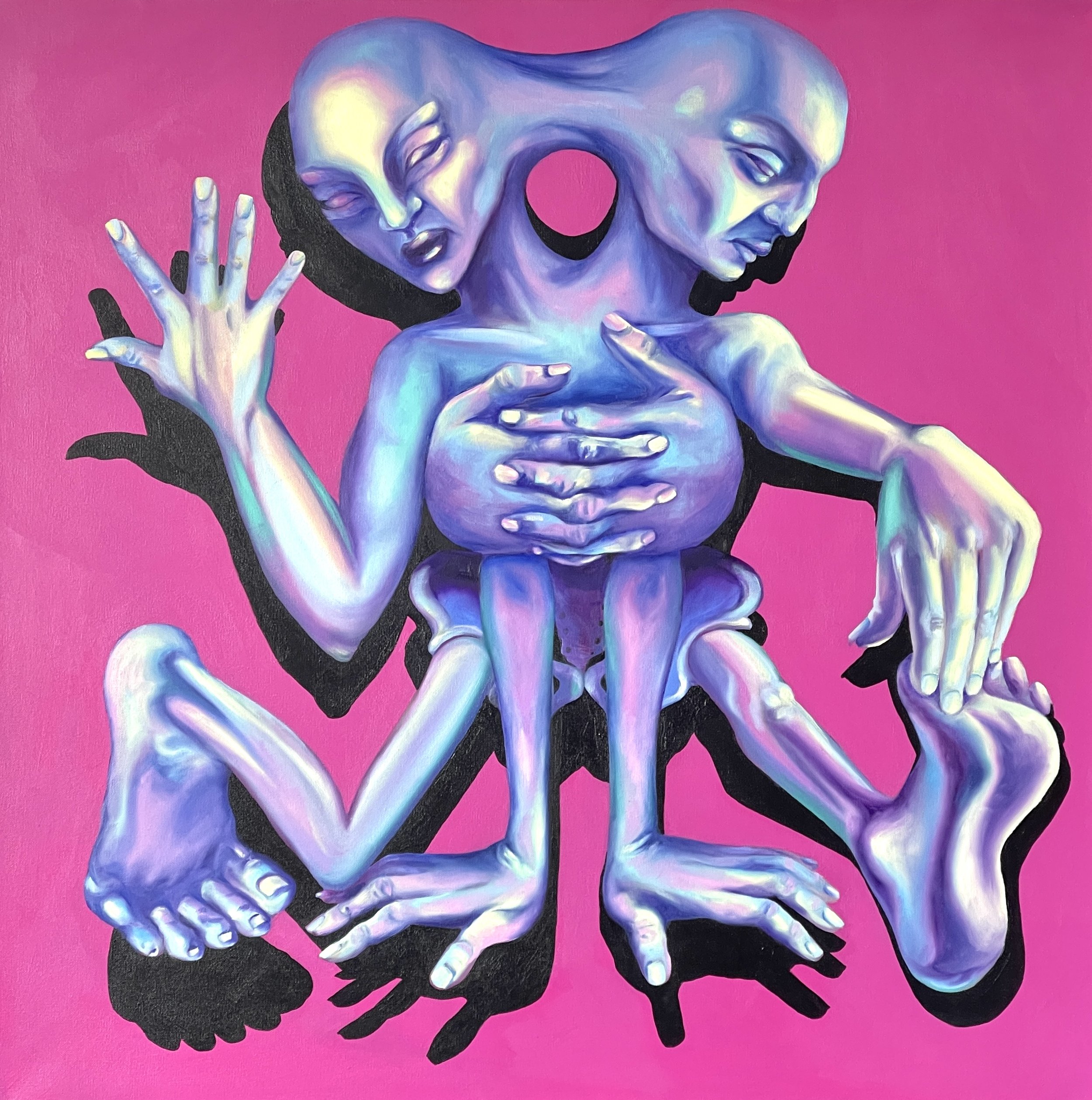 Abstract illustration of a creature with multiple faces, horns, and limbs, overlaid with the text 'Work in progress' in bold pink and purple font.