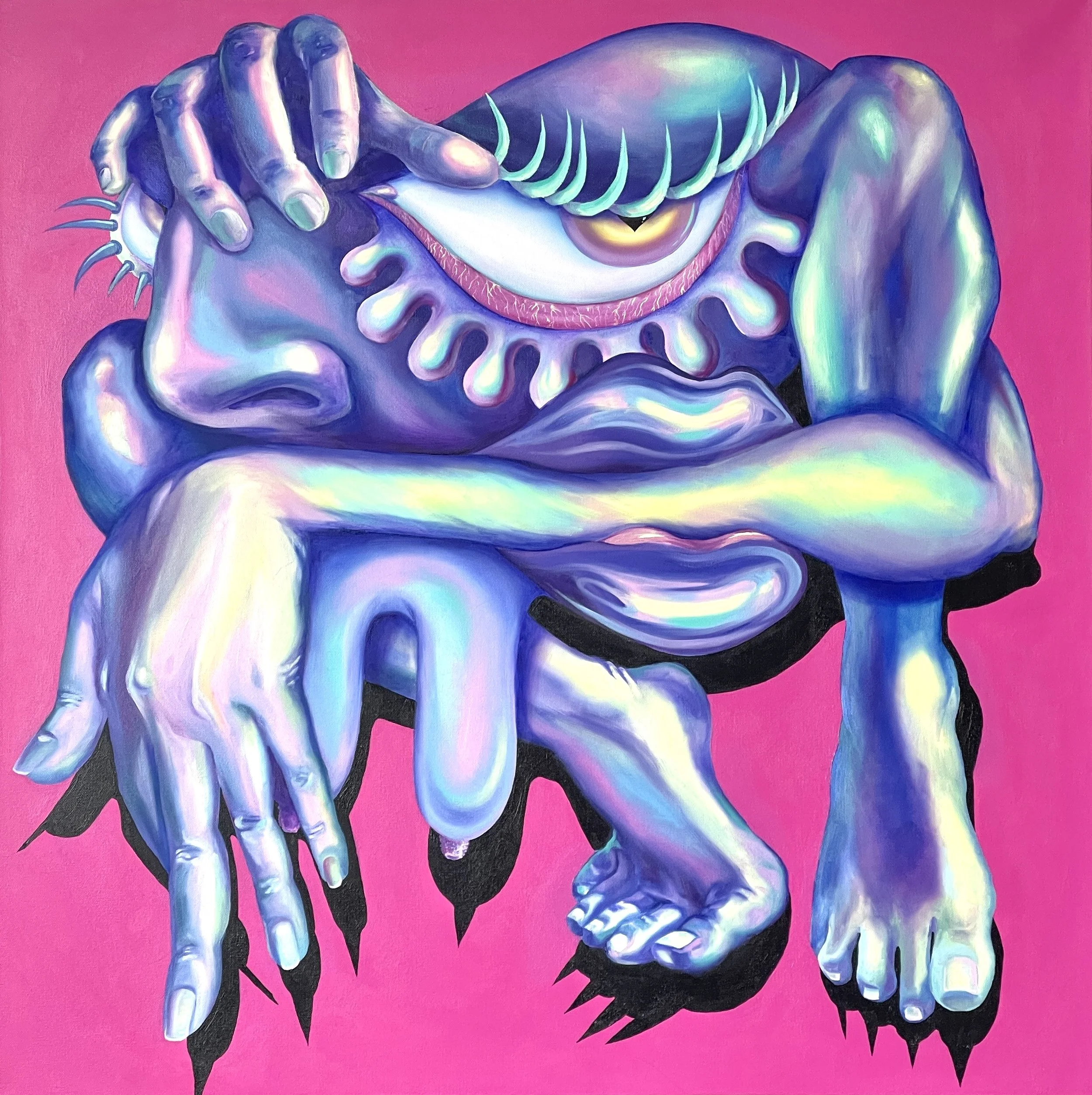 A colorful abstract painting of a figure with vibrant shades of purple, green, and blue, sitting with arms and legs tangled, set against a bright pink background.