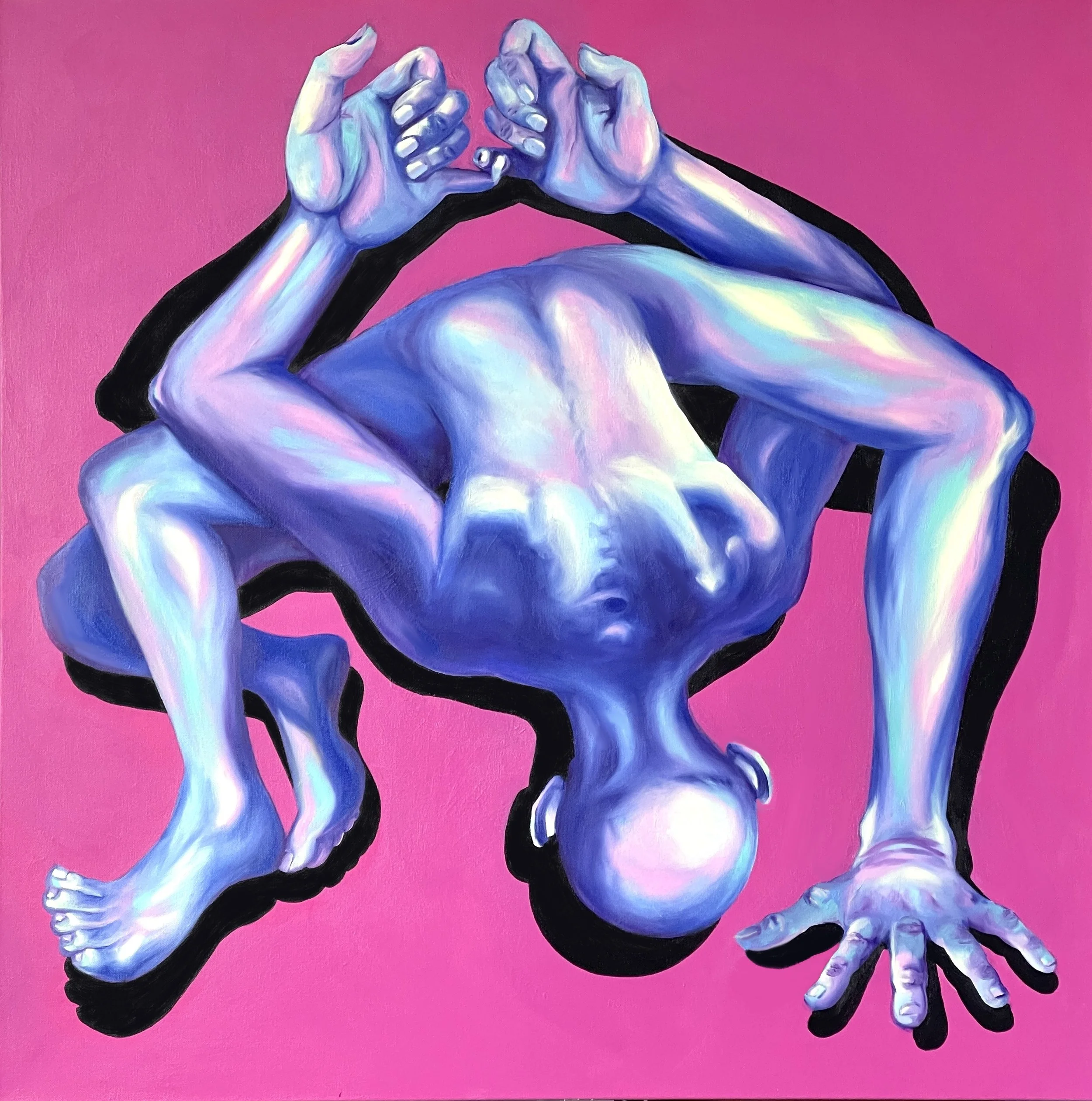 A line drawing of a creature with multiple arms and heads, outlined in pink, overlaid with a gray rectangle and pink text that reads "Work in progress."