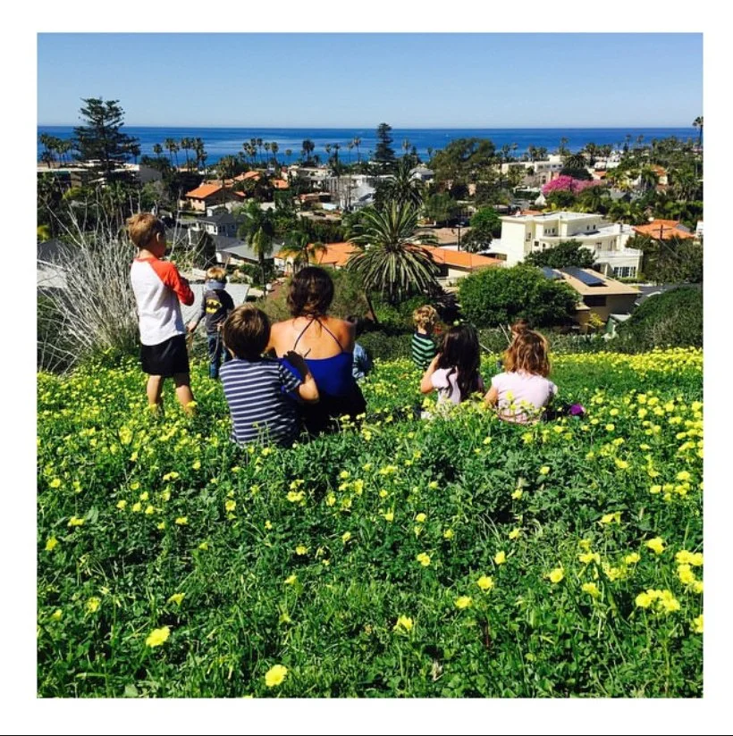 Children in a field with an adult overlooking the ocean.