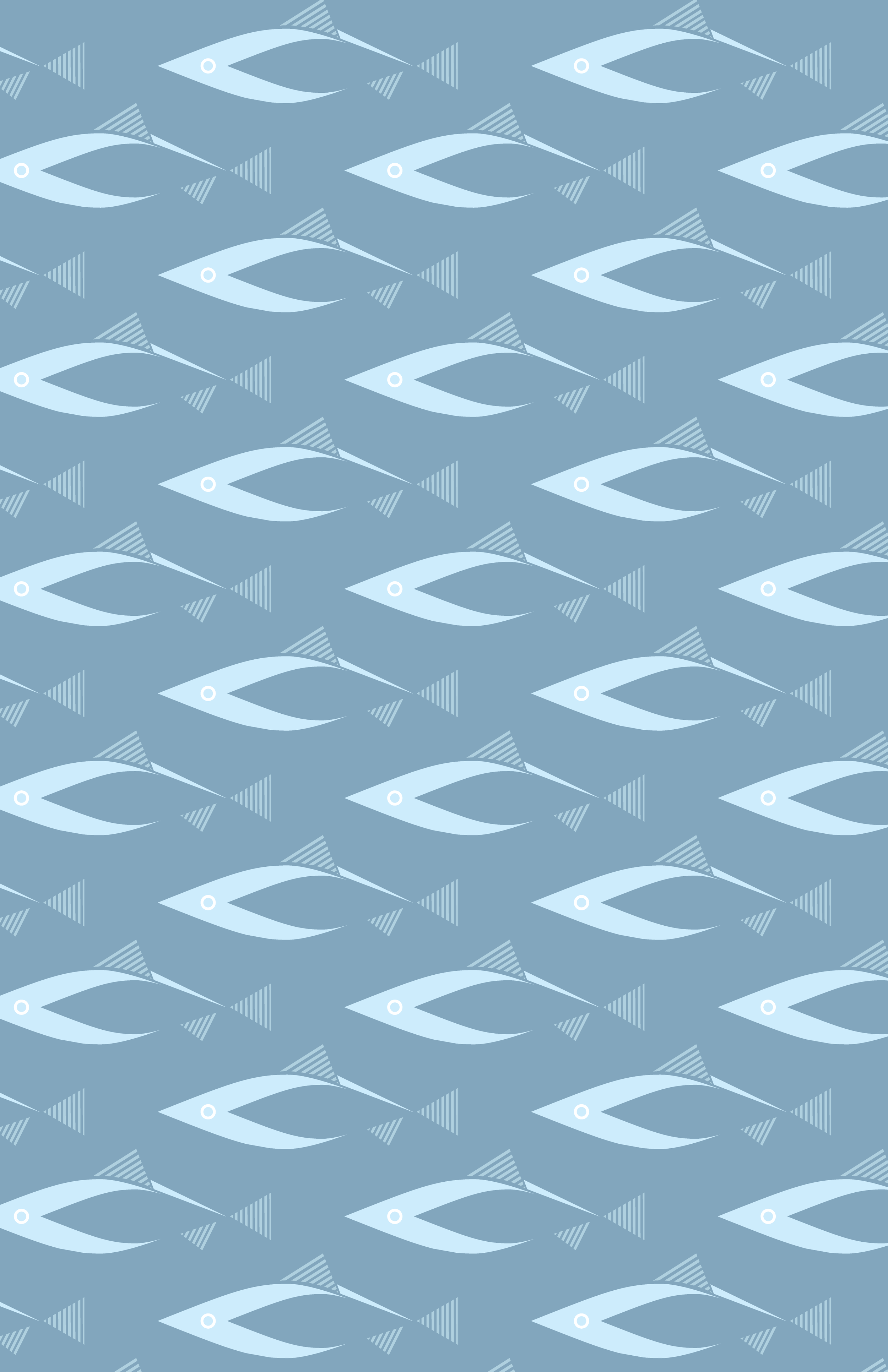 Pattern of light blue fish on a darker blue background.