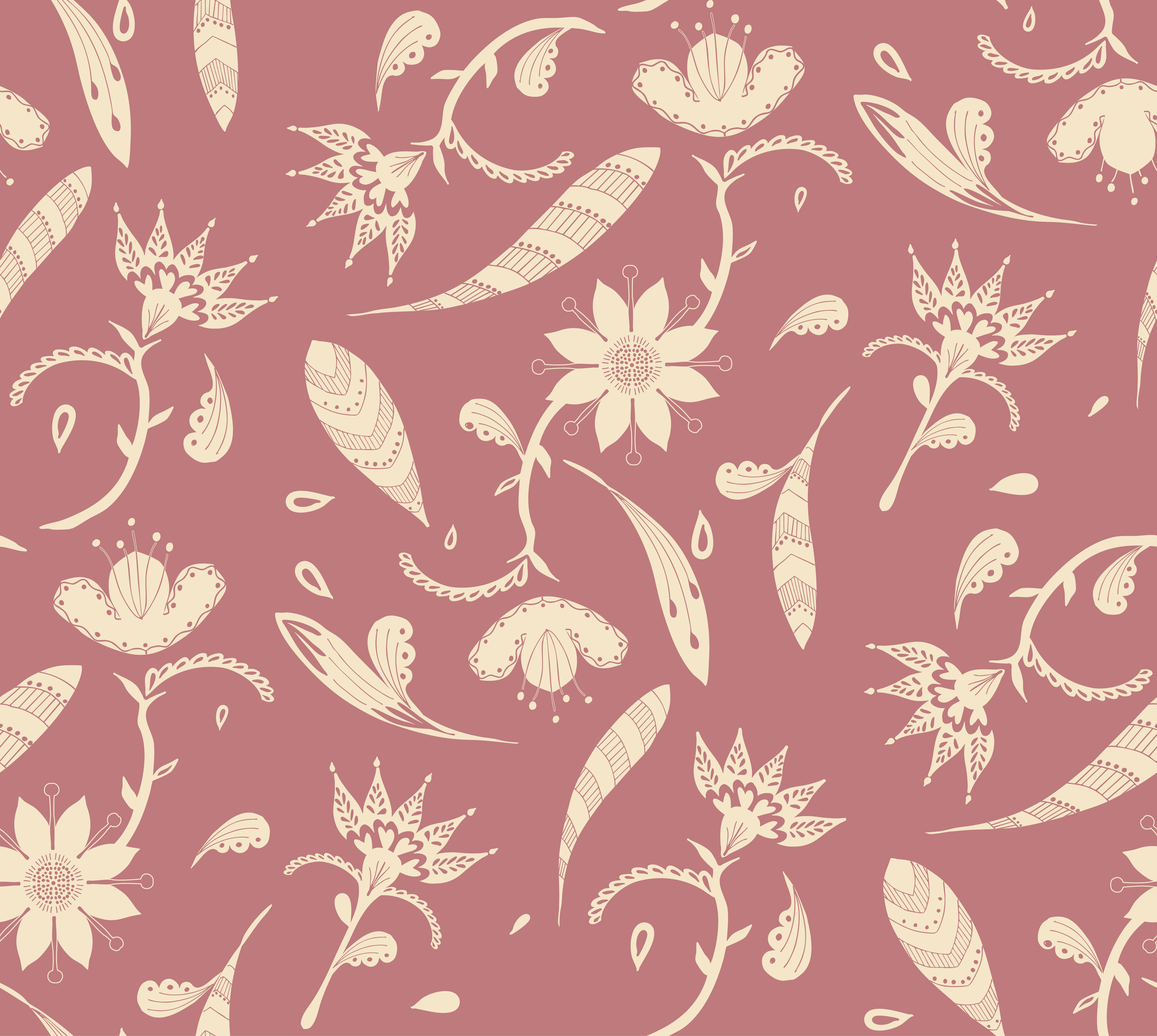 Cream-colored floral and leaf pattern on a dusty rose background