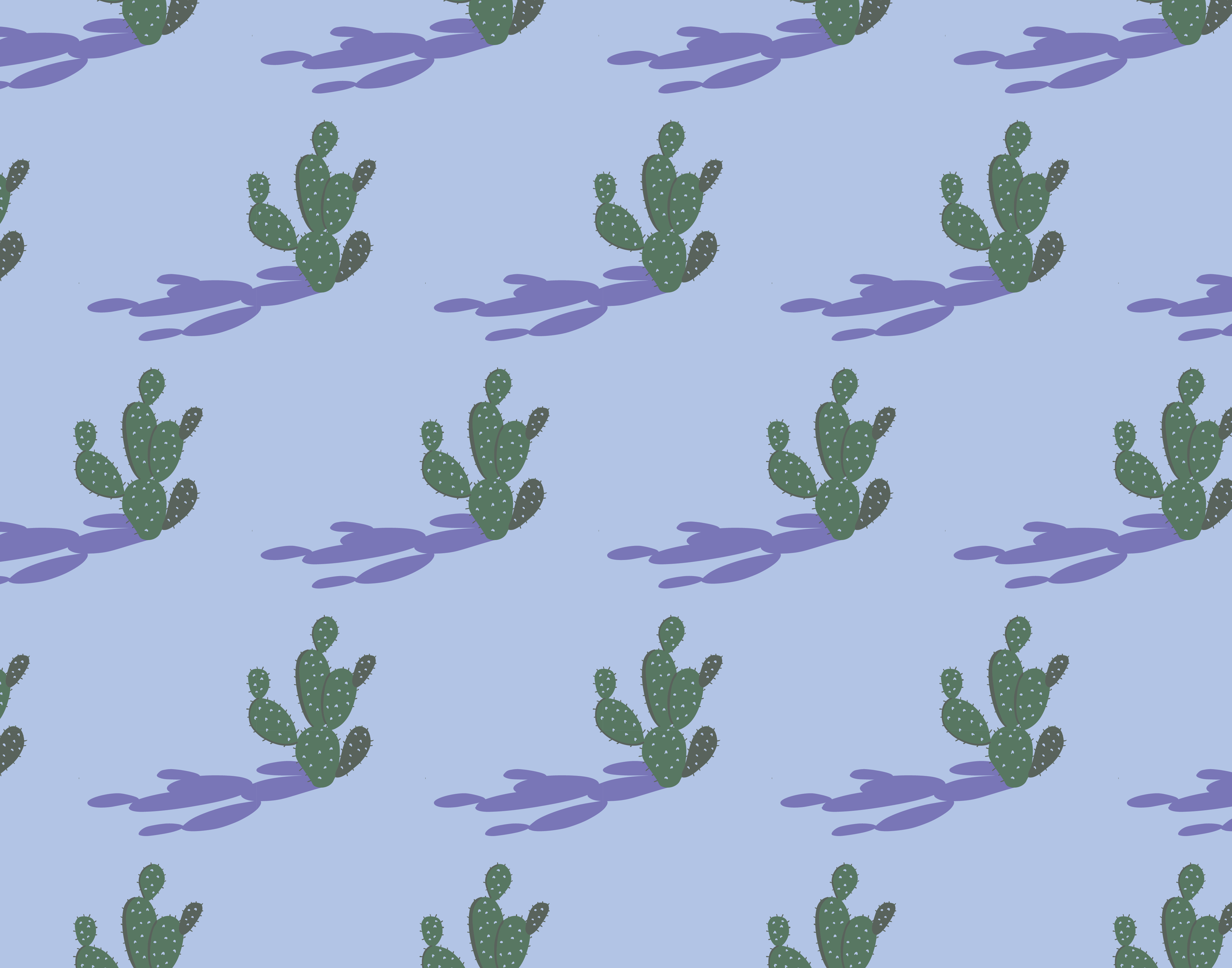 Repeating pattern of green prickly pear cacti with purple shadows on a light blue background.