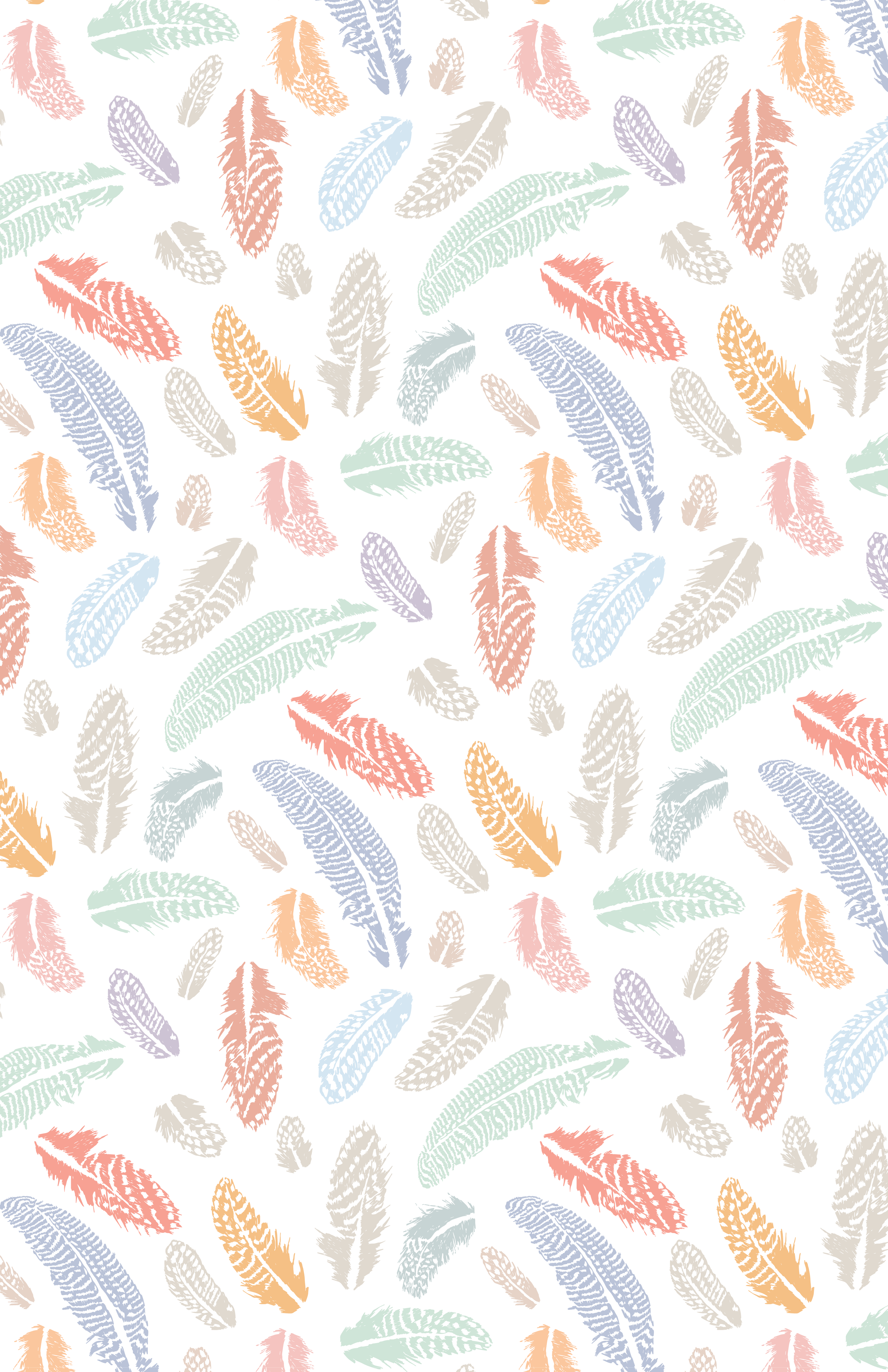 A pattern of colorful feathers in pastel shades of green, blue, orange, pink, purple, and beige on a white background.