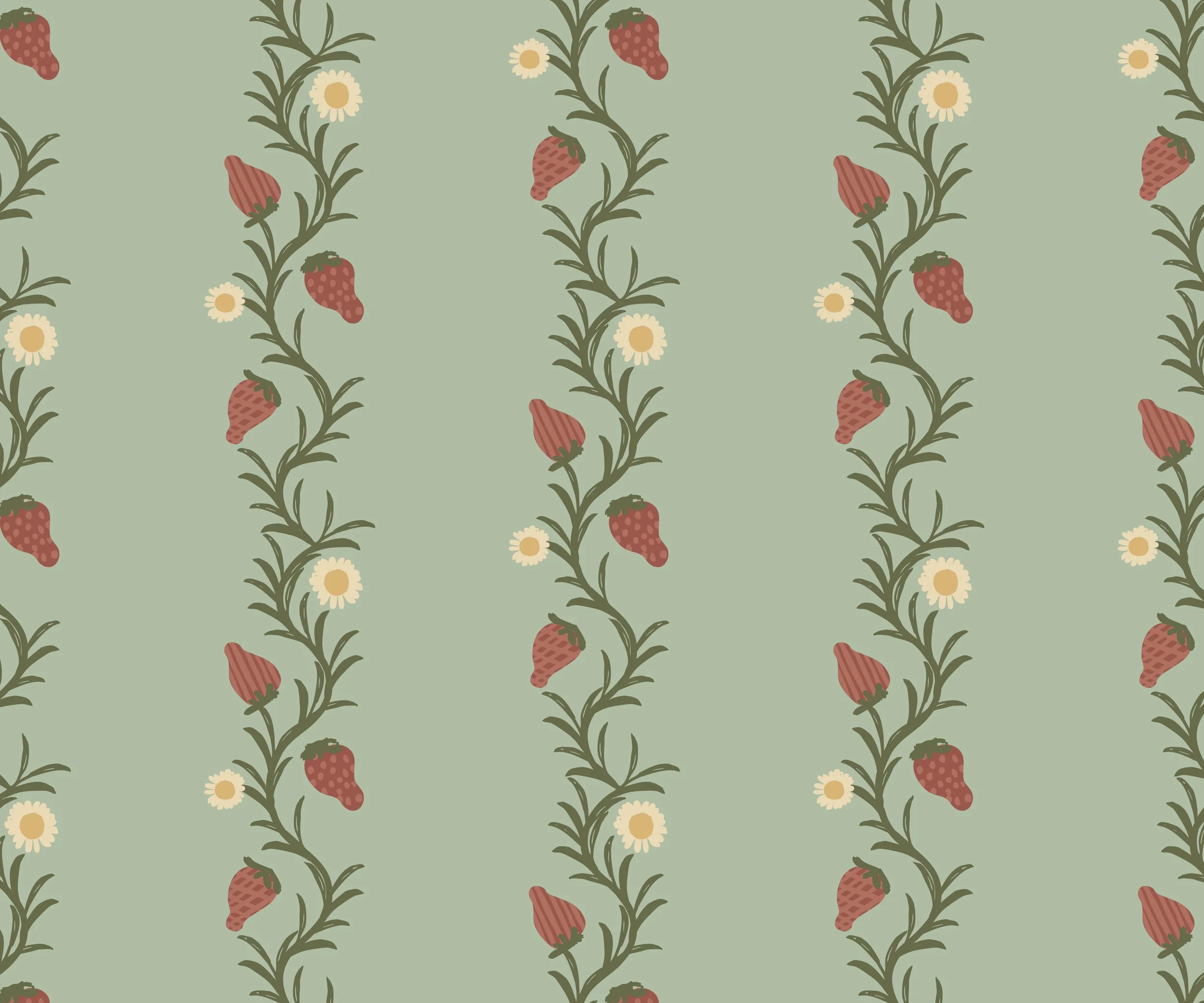 Seamless pattern of strawberry plants with red strawberries, white daisies, and green leaves on a light green background.