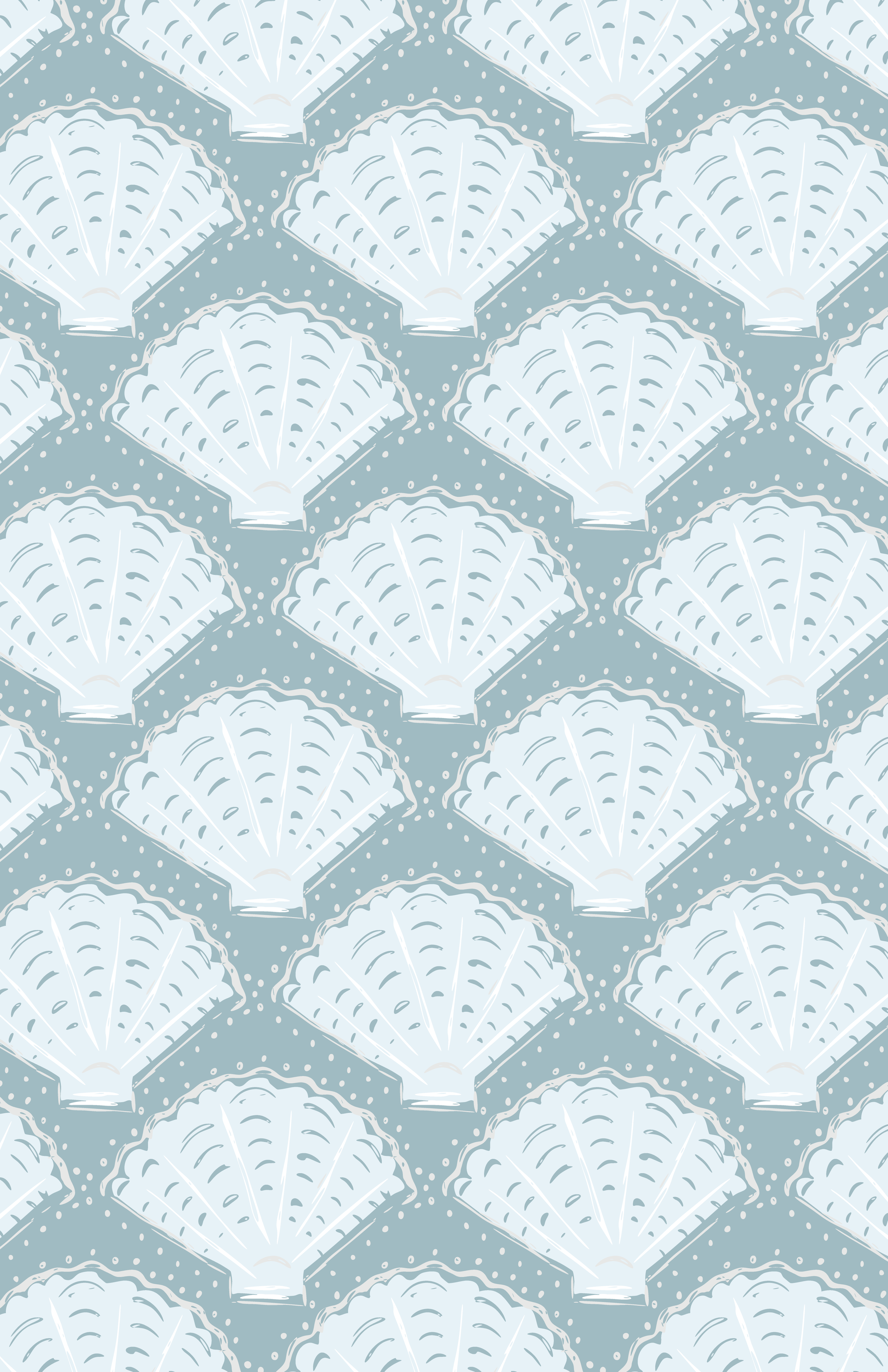 Repeating pattern of white seashells on a blue background with small dots.