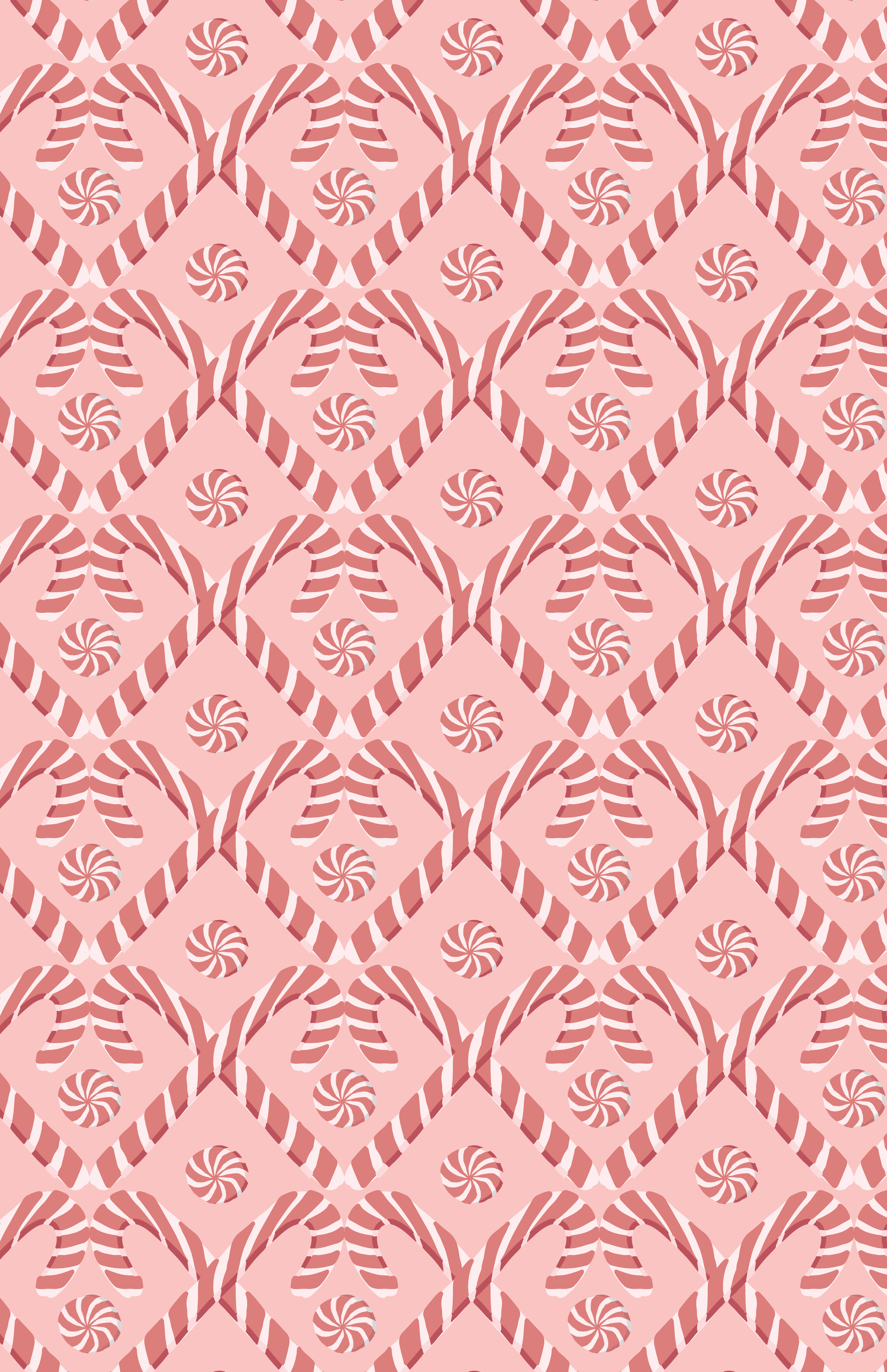 A seamless pattern of pink background decorated with white and dark pink peppermint candies and striped candy canes, arranged in a repeating diamond formation.