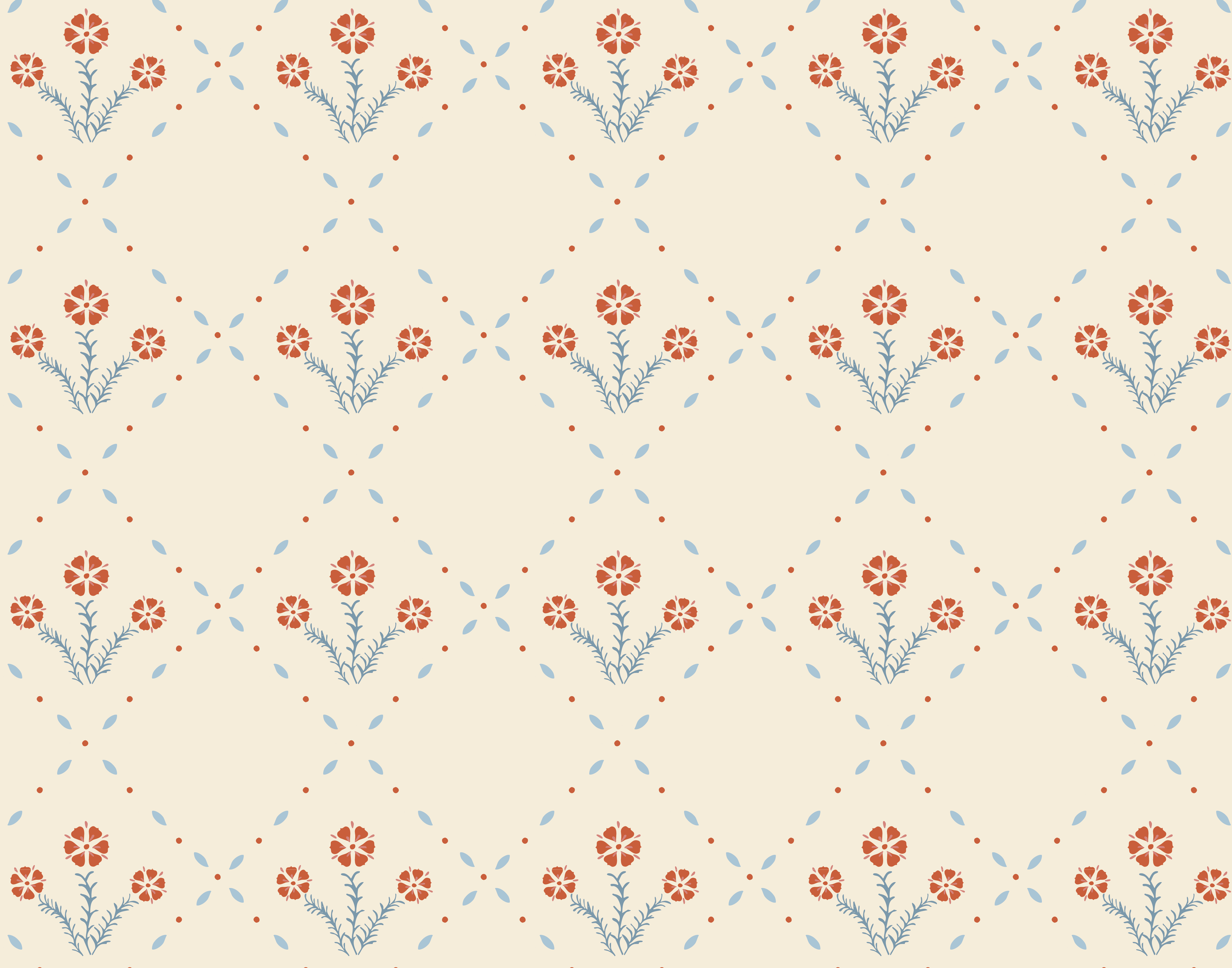 A repeating pattern featuring red flowers with five petals and a darker center, blue leafy branches, and small light blue and red dots on a beige background.