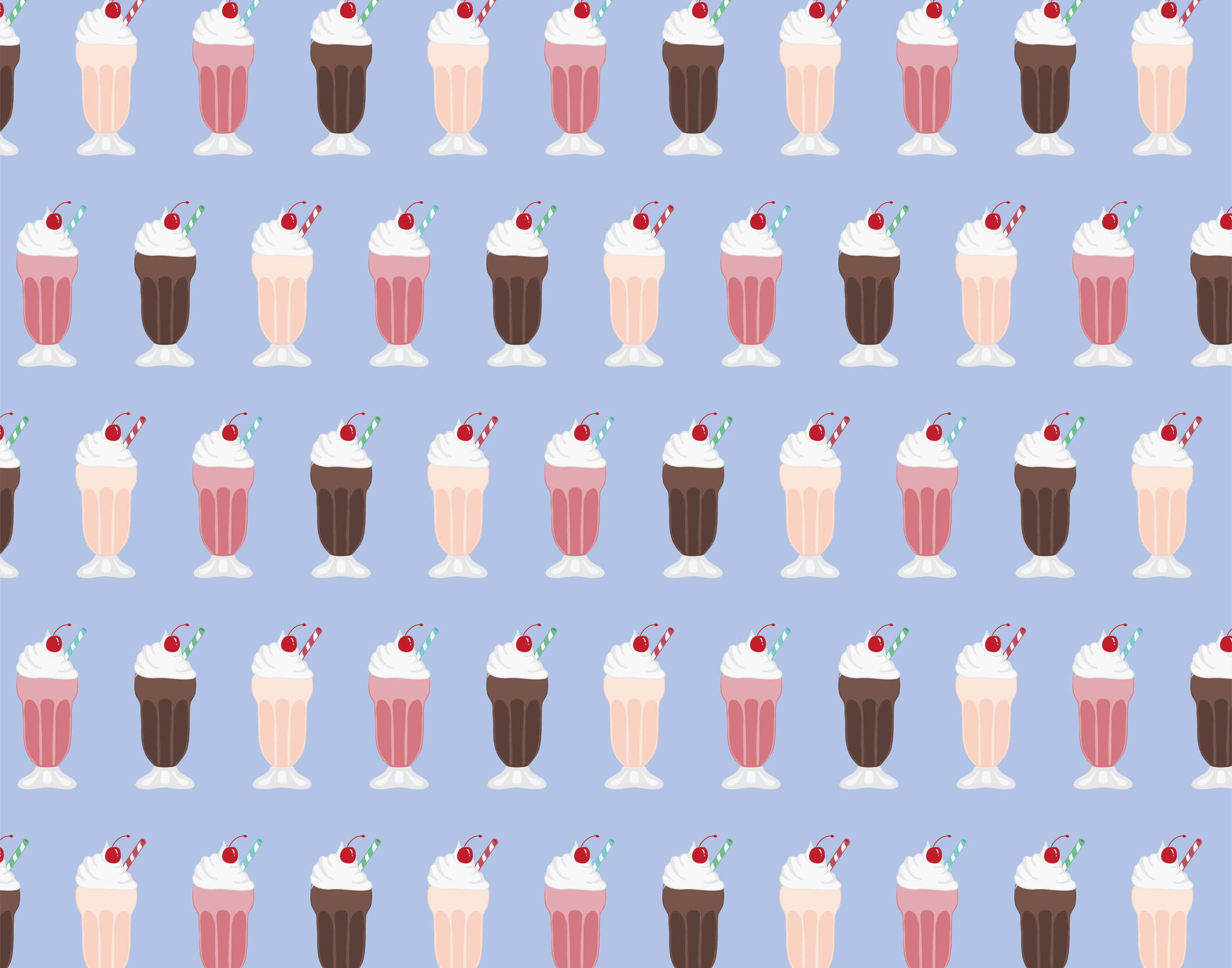 Pattern of colorful milkshakes with whipped cream, cherry, and striped straw on a blue background.