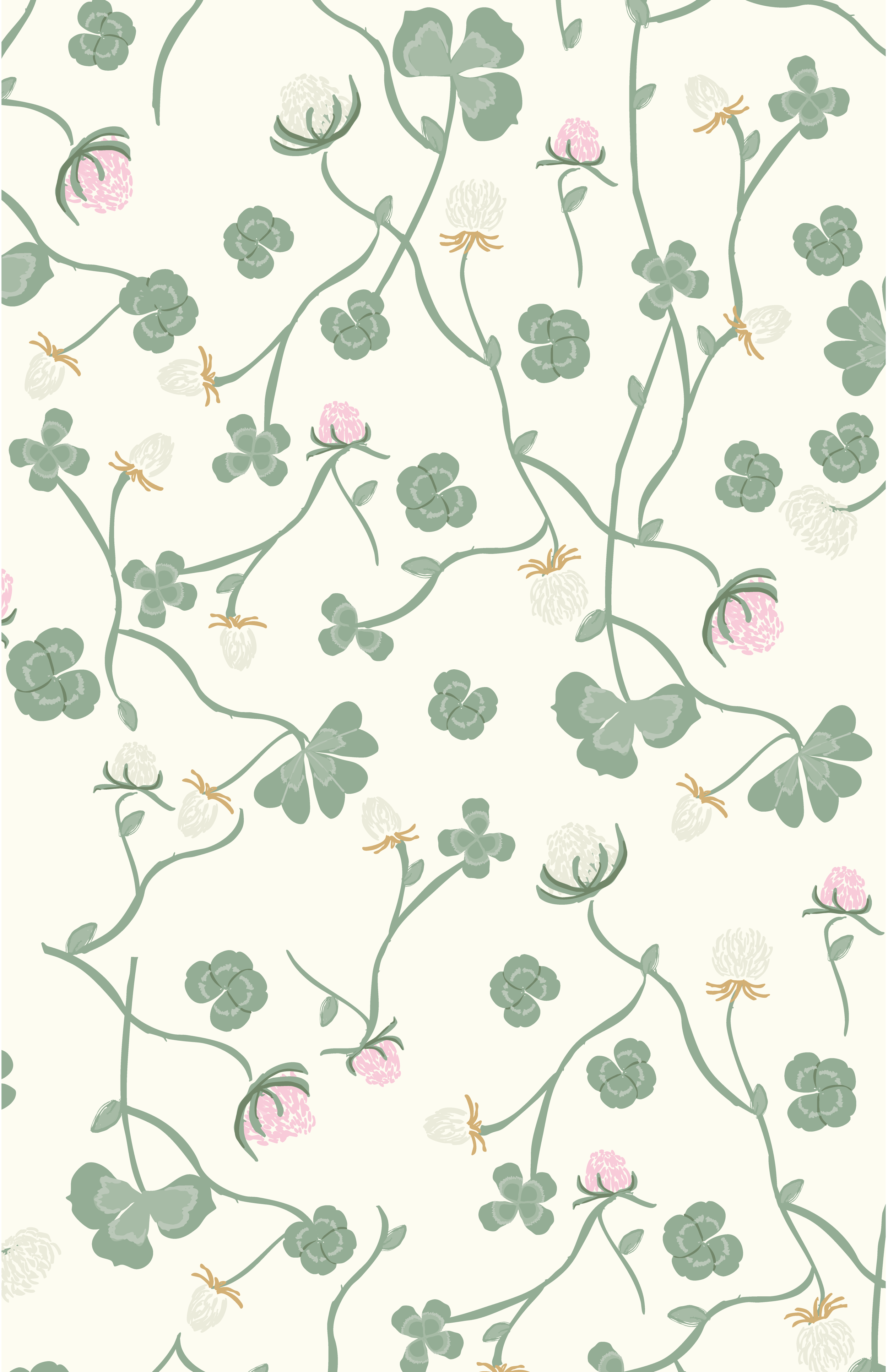 Pattern of green clovers with pink and white flowers on a cream background.