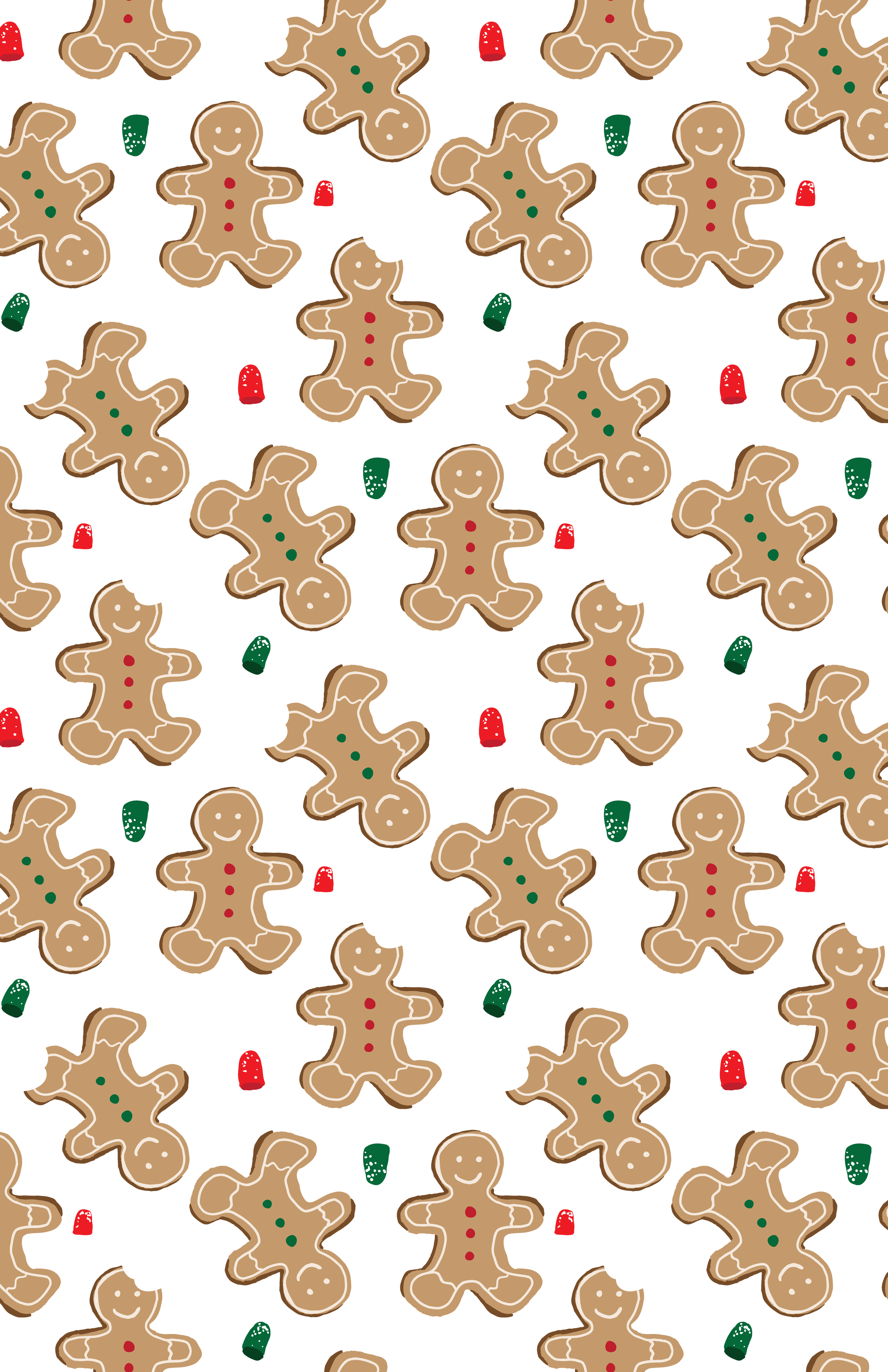 Pattern of smiling gingerbread men cookies with buttons, surrounded by red and green Christmas-themed candy pieces.