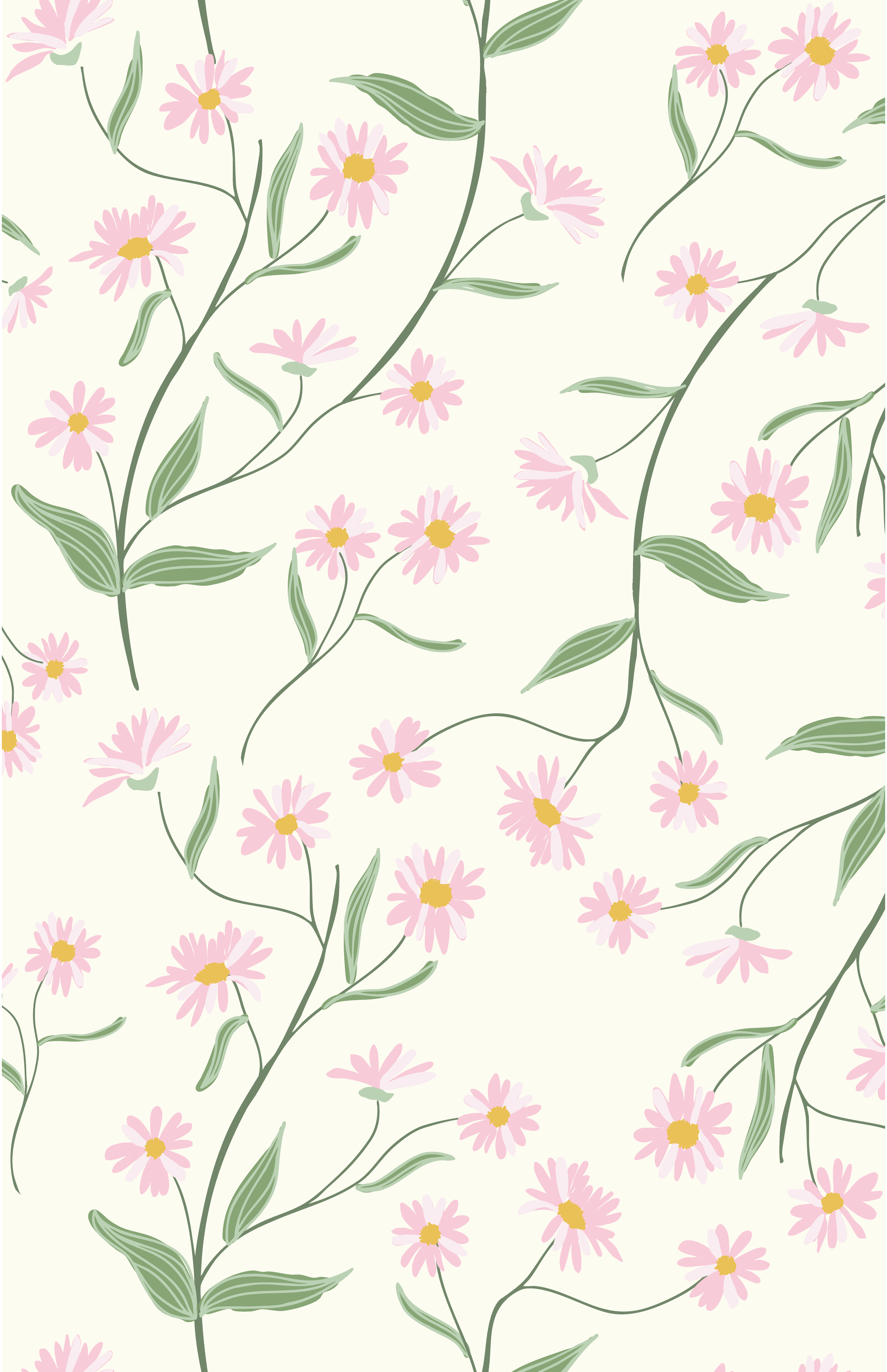 Pattern of pink daisies with yellow centers and green leaves on a light background.