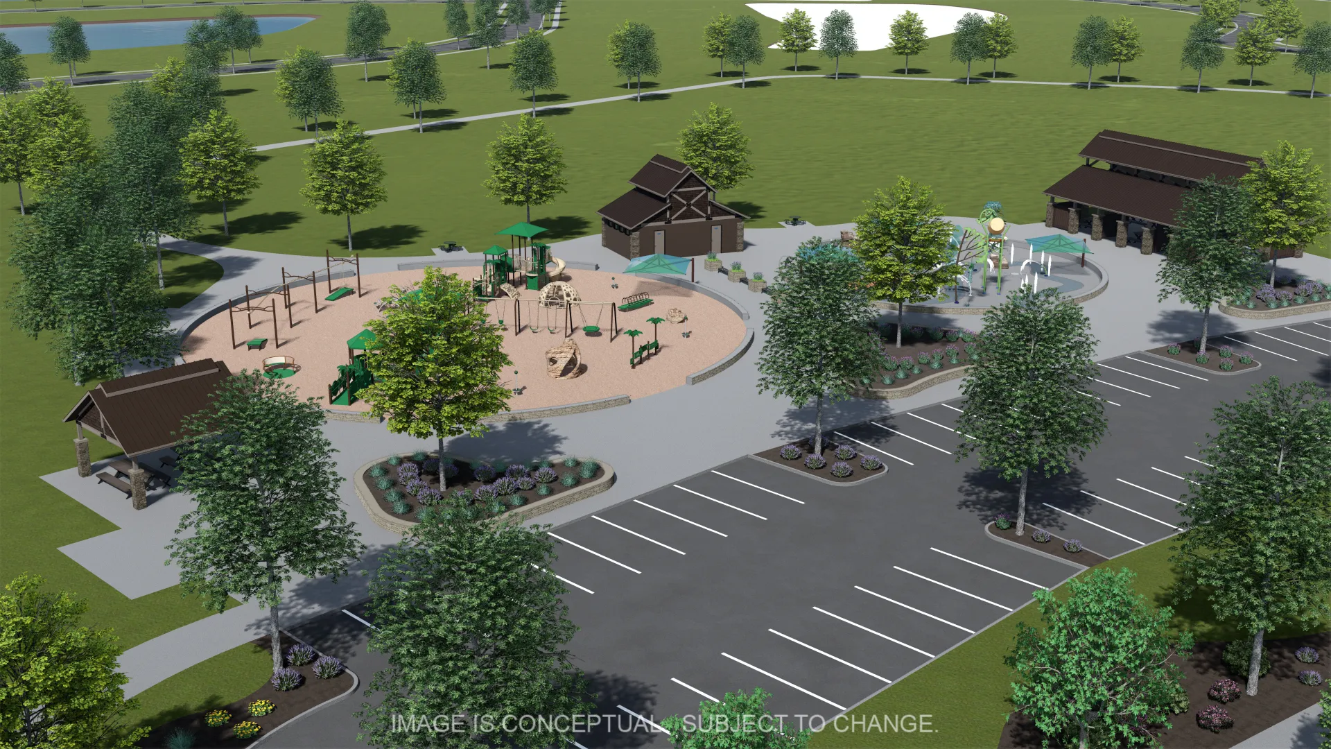 The community park features a modern playground, winding walking paths, and a spacious covered pavilion for picnics and events, offering a perfect blend of recreation and relaxation for all ages.